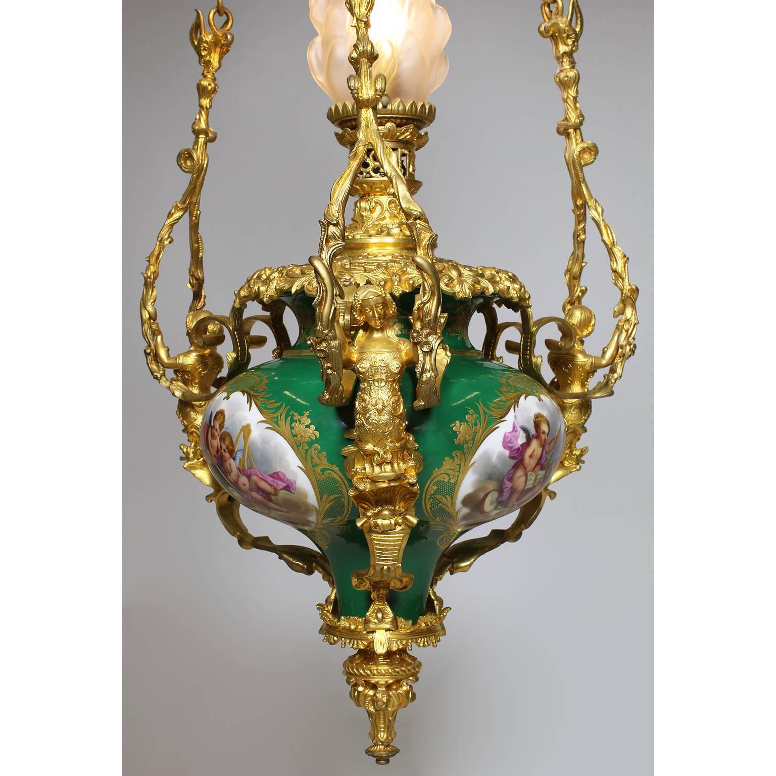 Renaissance Revival French 19th Century Figural Sevres Porcelain and Ormolu Mounted Hanging Lantern