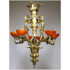 French Belle Époque Early 20th Century Gilt-Bronze & Alabaster Lilies Chandelier