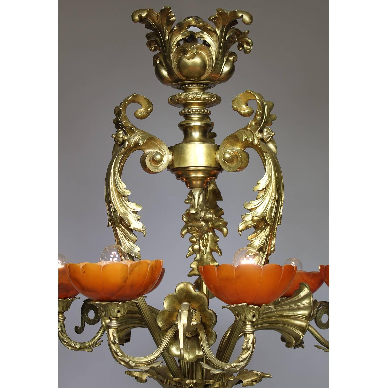 Carved French Belle Époque Early 20th Century Gilt-Bronze & Alabaster Lilies Chandelier For Sale