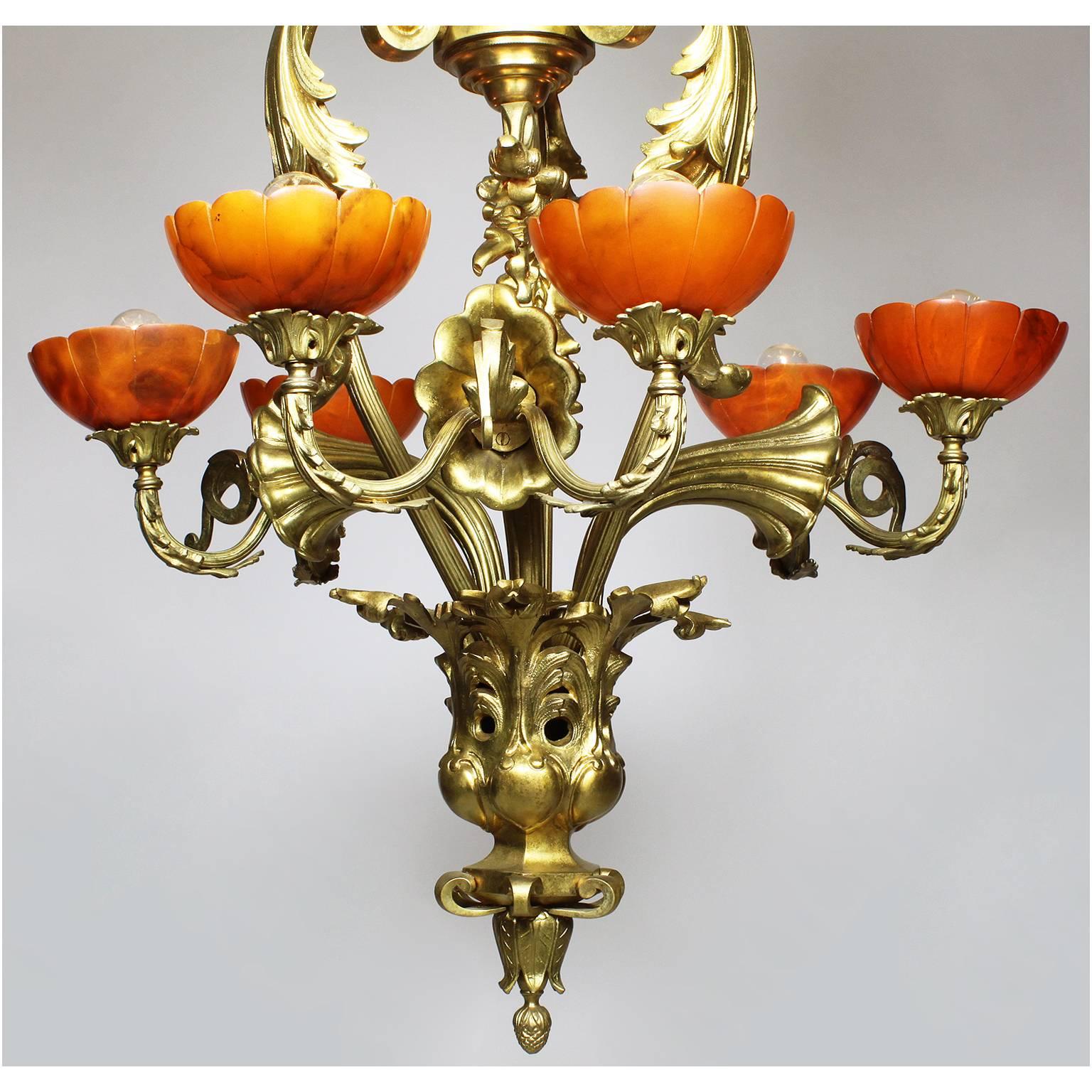 French Belle Époque Early 20th Century Gilt-Bronze & Alabaster Lilies Chandelier In Good Condition For Sale In Los Angeles, CA