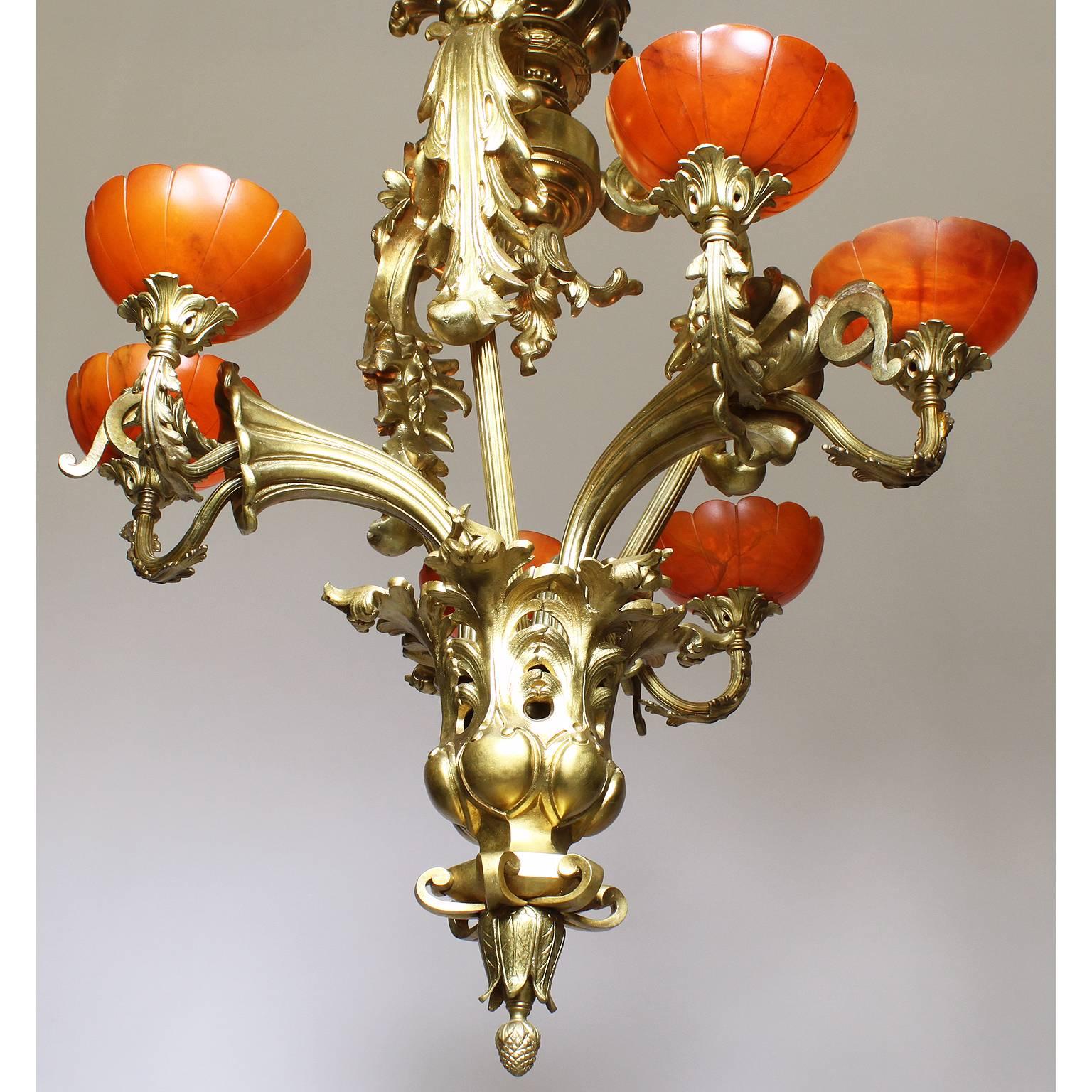 French Belle Époque Early 20th Century Gilt-Bronze & Alabaster Lilies Chandelier For Sale 3