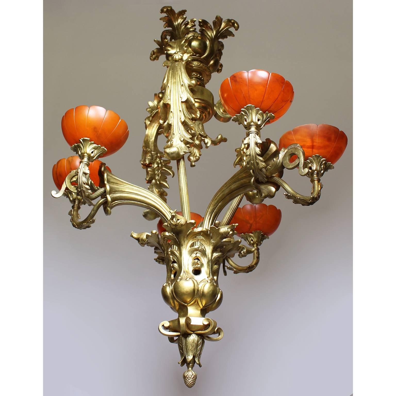 French Belle Époque Early 20th Century Gilt-Bronze & Alabaster Lilies Chandelier For Sale 2