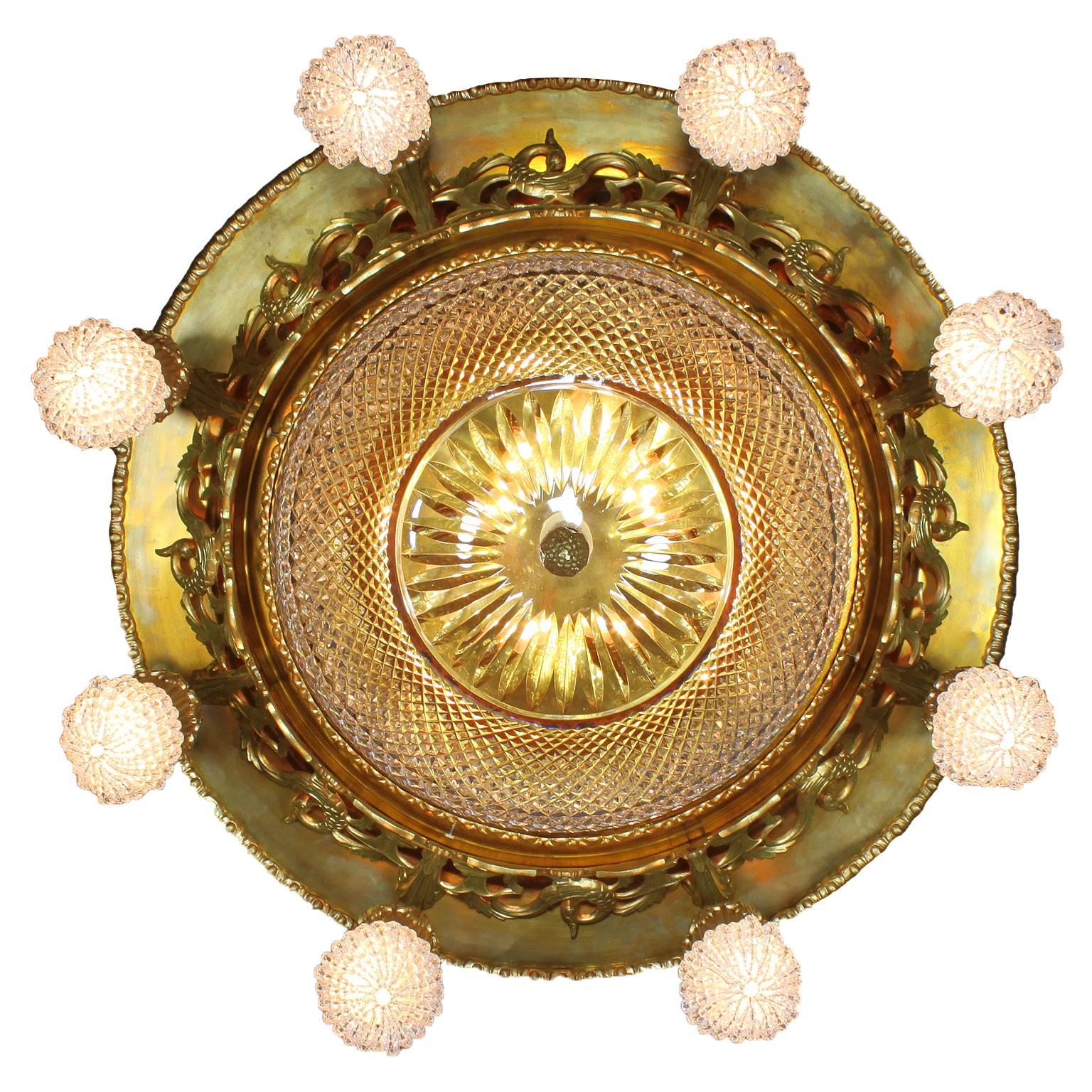 19th-20th Century Gilt Bronze and Cut-Glass Plafonnier, Attributed to Baccarat In Excellent Condition In Los Angeles, CA