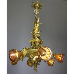 American Gothic-Revival Gilt-Bronze "Dragon" Chandelier in the Manner of Tiffany