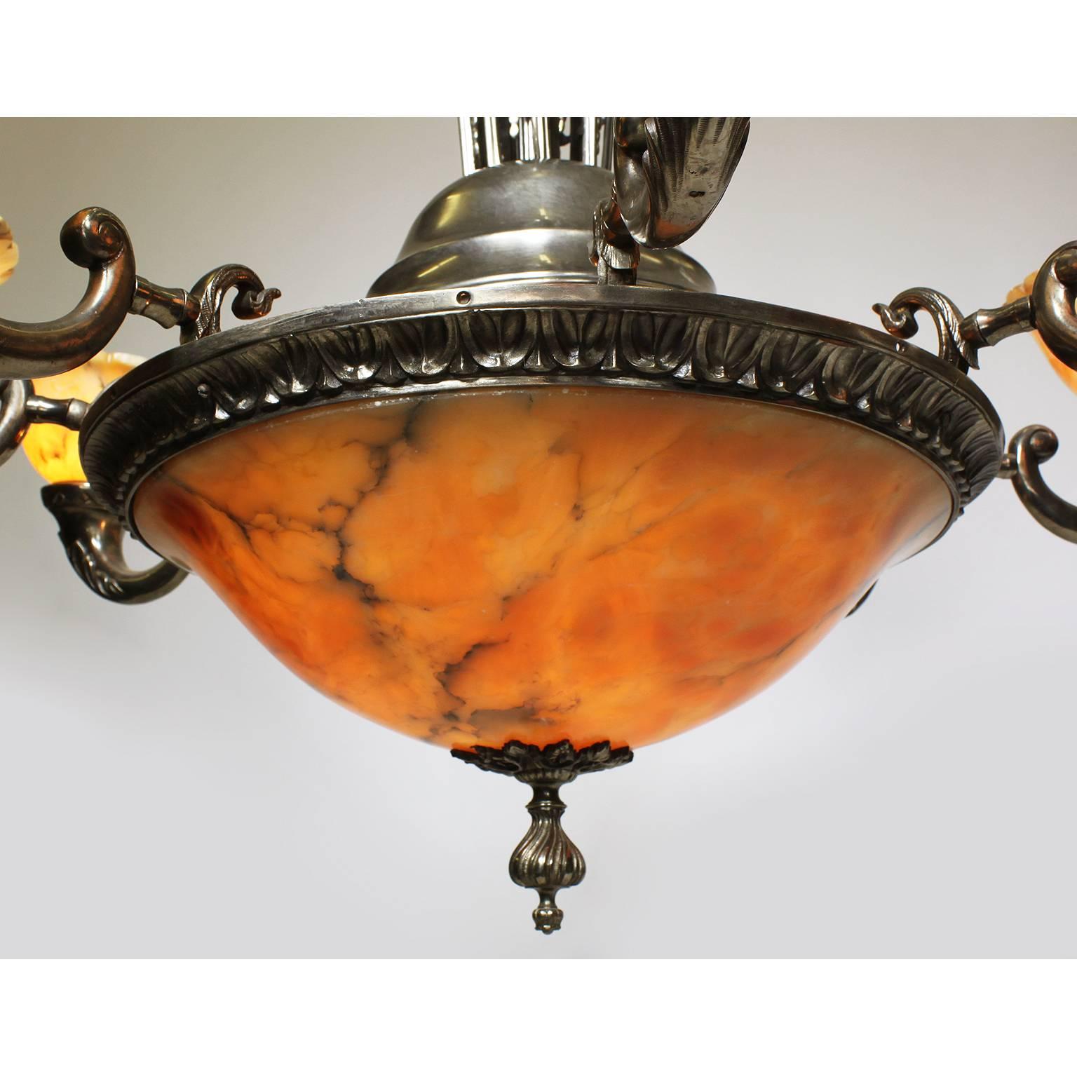 French Early 20th Century Art-Deco Silvered Bronze and Alabaster Chandelier In Good Condition For Sale In Los Angeles, CA