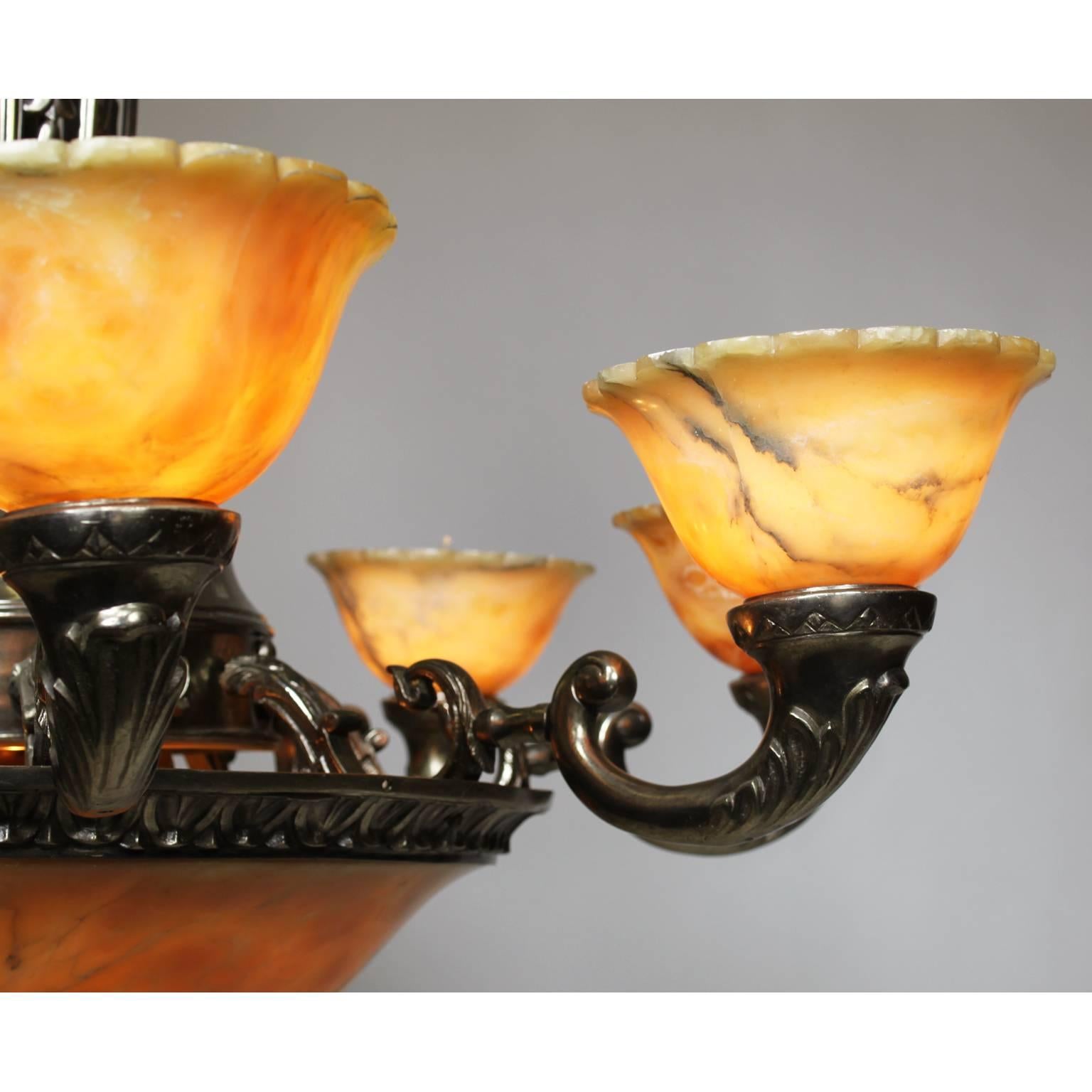Art Deco French Early 20th Century Art-Deco Silvered Bronze and Alabaster Chandelier For Sale