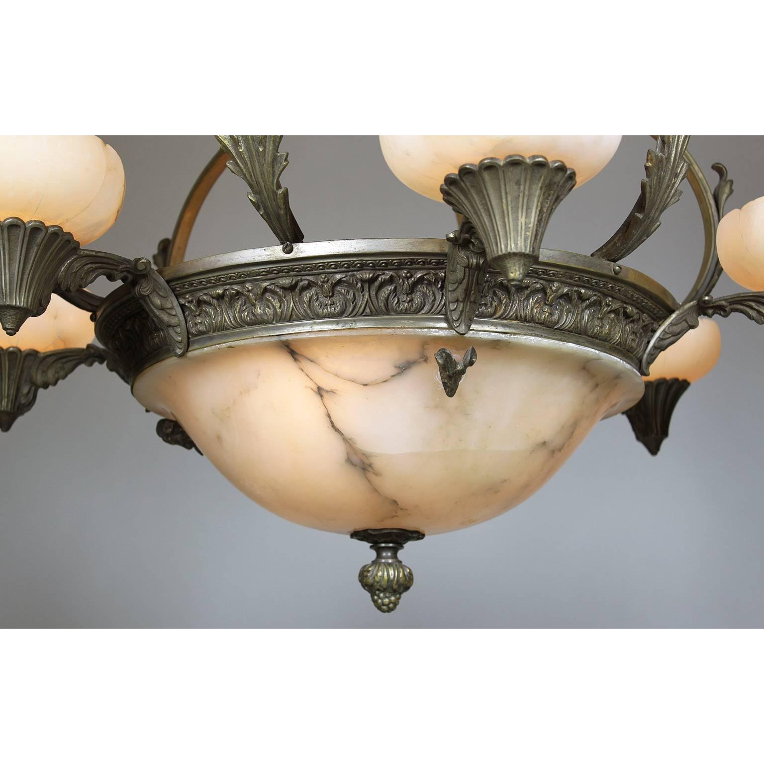 French Early 20th Century Art Deco Silvered Bronze Alabaster Six-Light Chandelier For Sale