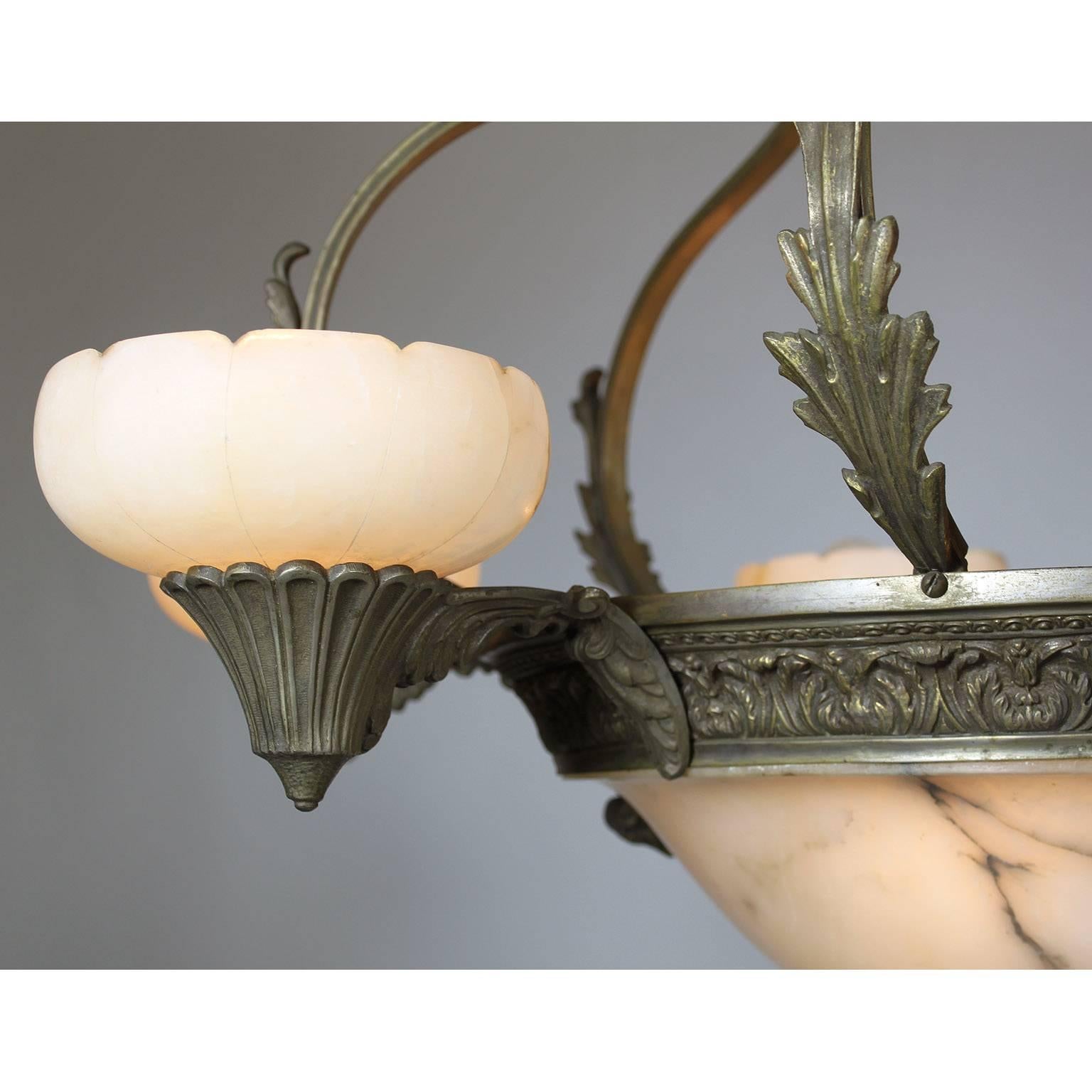 Carved Early 20th Century Art Deco Silvered Bronze Alabaster Six-Light Chandelier For Sale