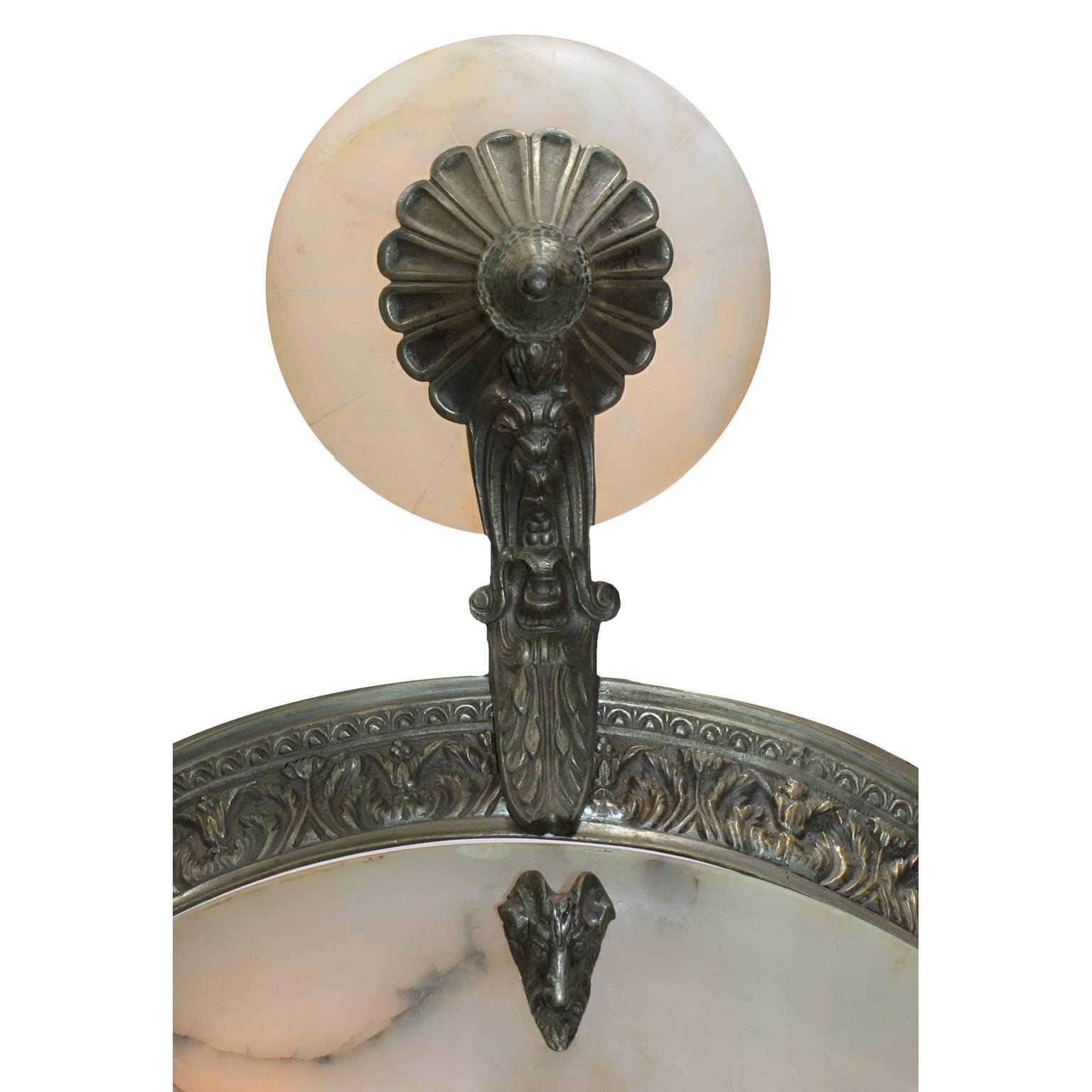 Early 20th Century Art Deco Silvered Bronze Alabaster Six-Light Chandelier In Good Condition For Sale In Los Angeles, CA