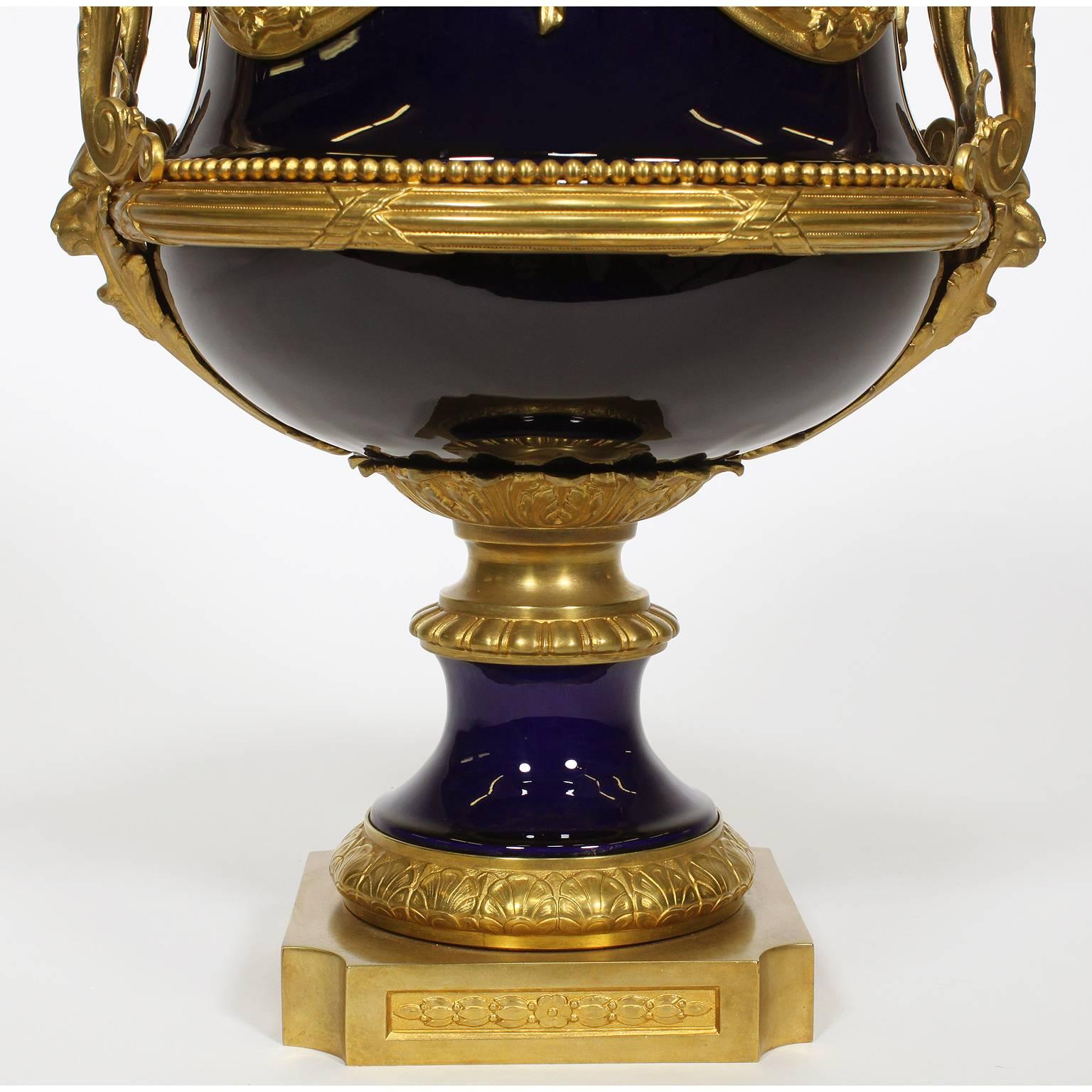 French Napoleon III Cobalt Blue Porcelain & Gilt Bronze-Mounted Urn, Attr. to Sevres