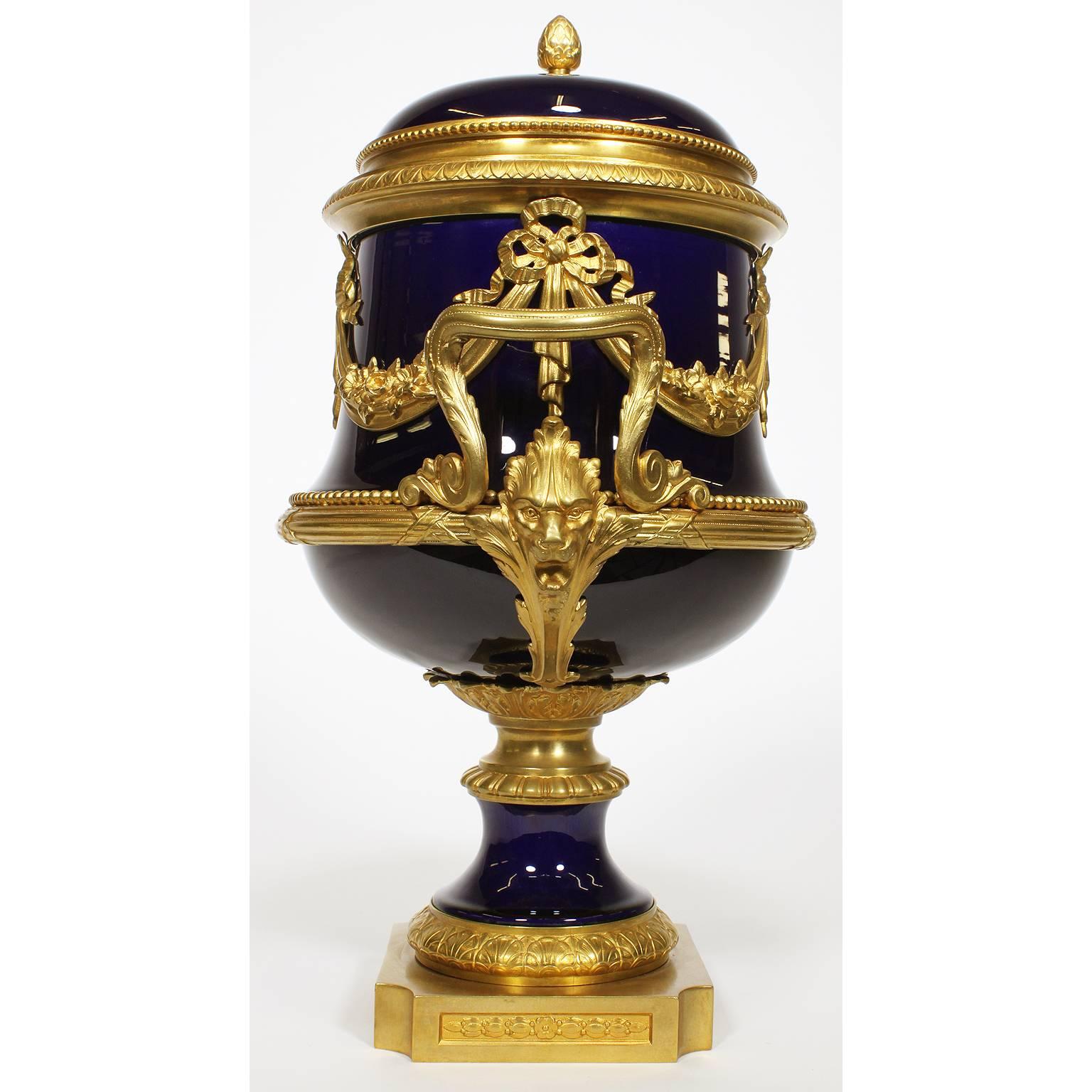 Enameled Napoleon III Cobalt Blue Porcelain & Gilt Bronze-Mounted Urn, Attr. to Sevres