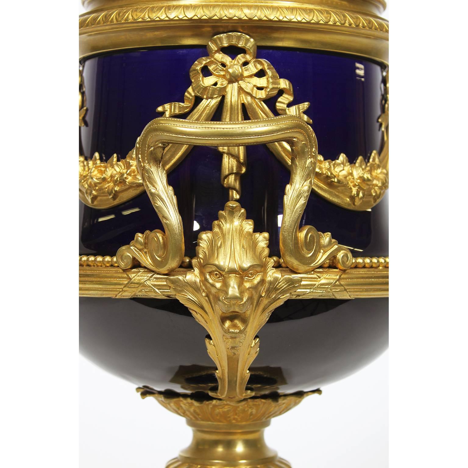 Napoleon III Cobalt Blue Porcelain & Gilt Bronze-Mounted Urn, Attr. to Sevres In Excellent Condition In Los Angeles, CA