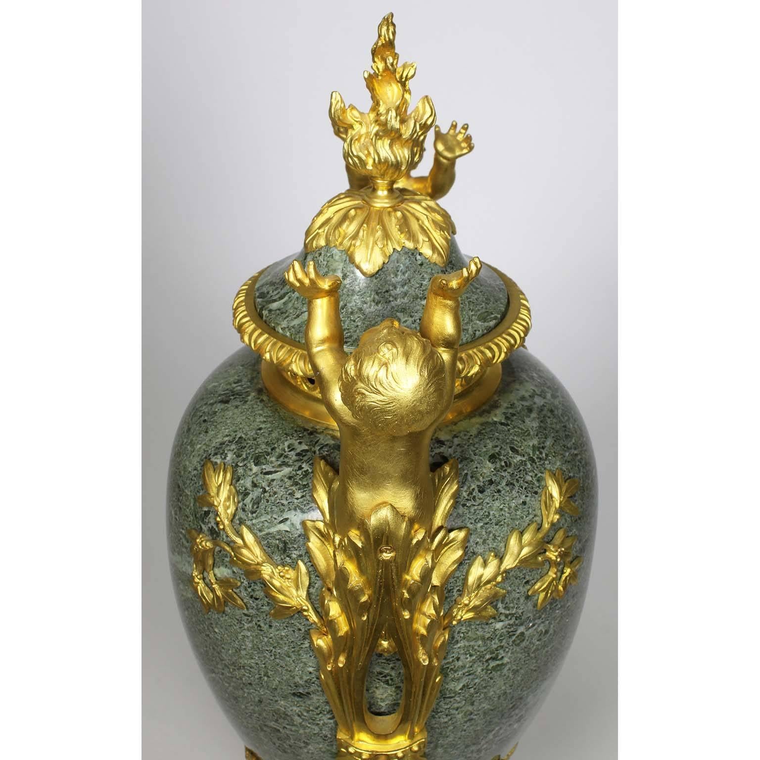 French 19th-20th Century Louis XVI Style Gilt-Bronze & Marble Urn with Children For Sale 4