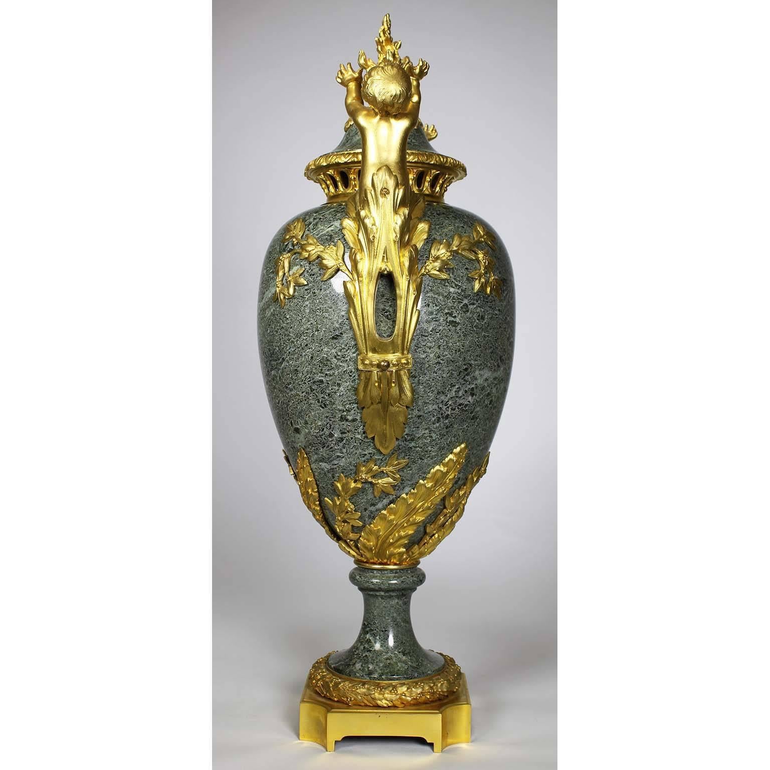 French 19th-20th Century Louis XVI Style Gilt-Bronze & Marble Urn with Children For Sale 5
