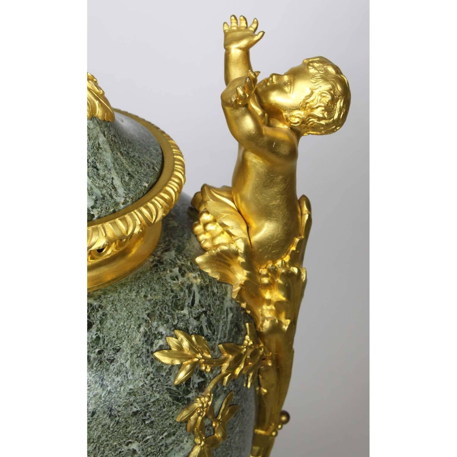French 19th-20th Century Louis XVI Style Gilt-Bronze & Marble Urn with Children For Sale 3