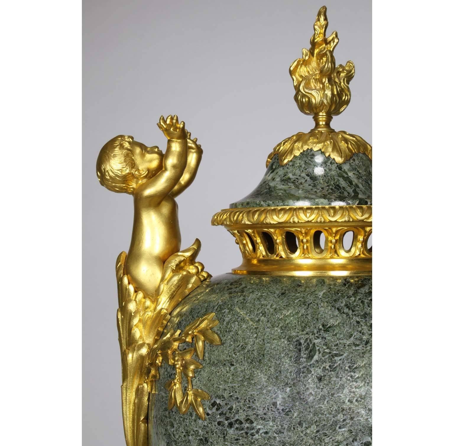 French 19th-20th Century Louis XVI Style Gilt-Bronze & Marble Urn with Children For Sale 1