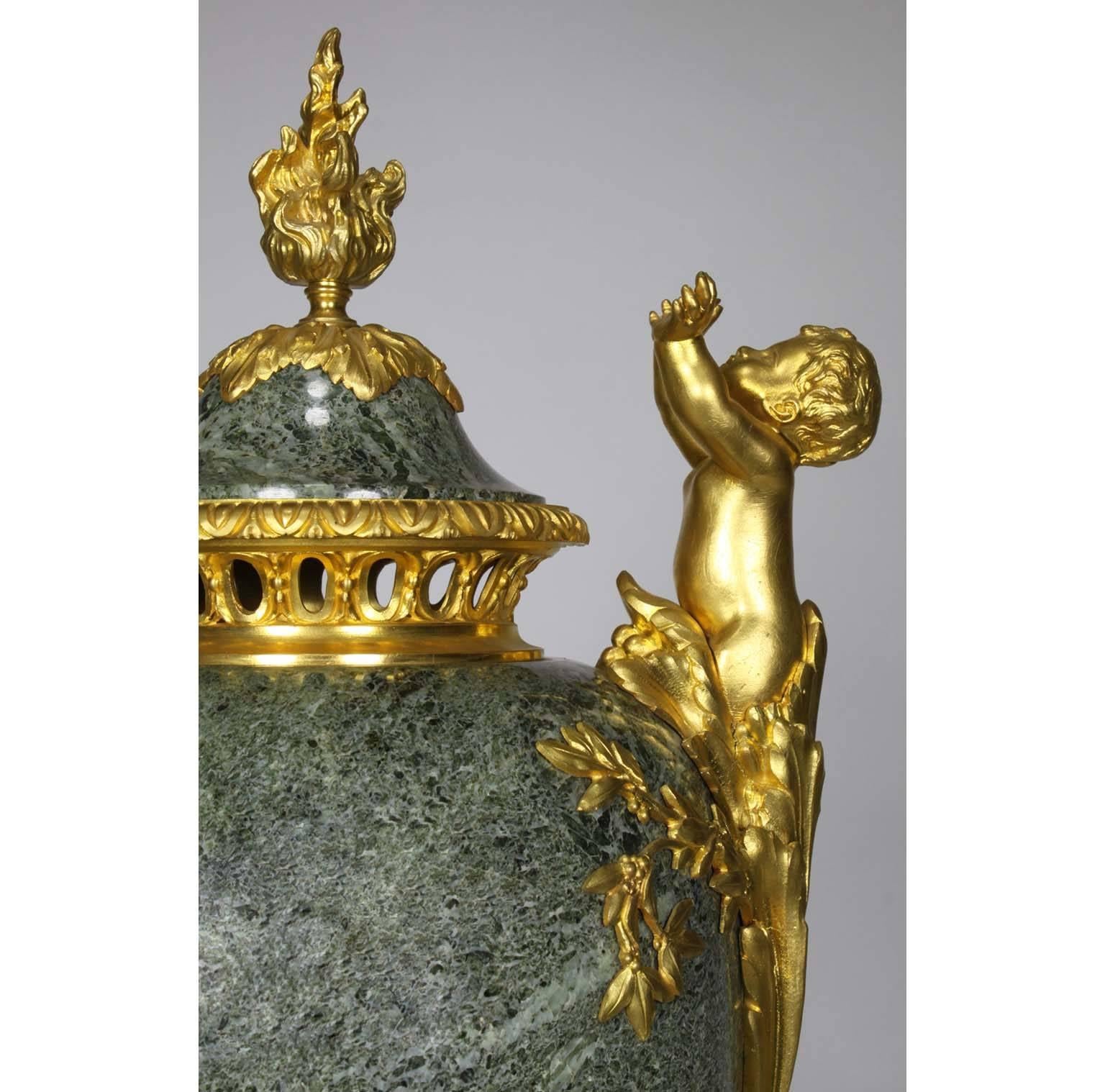 French 19th-20th Century Louis XVI Style Gilt-Bronze & Marble Urn with Children For Sale 2