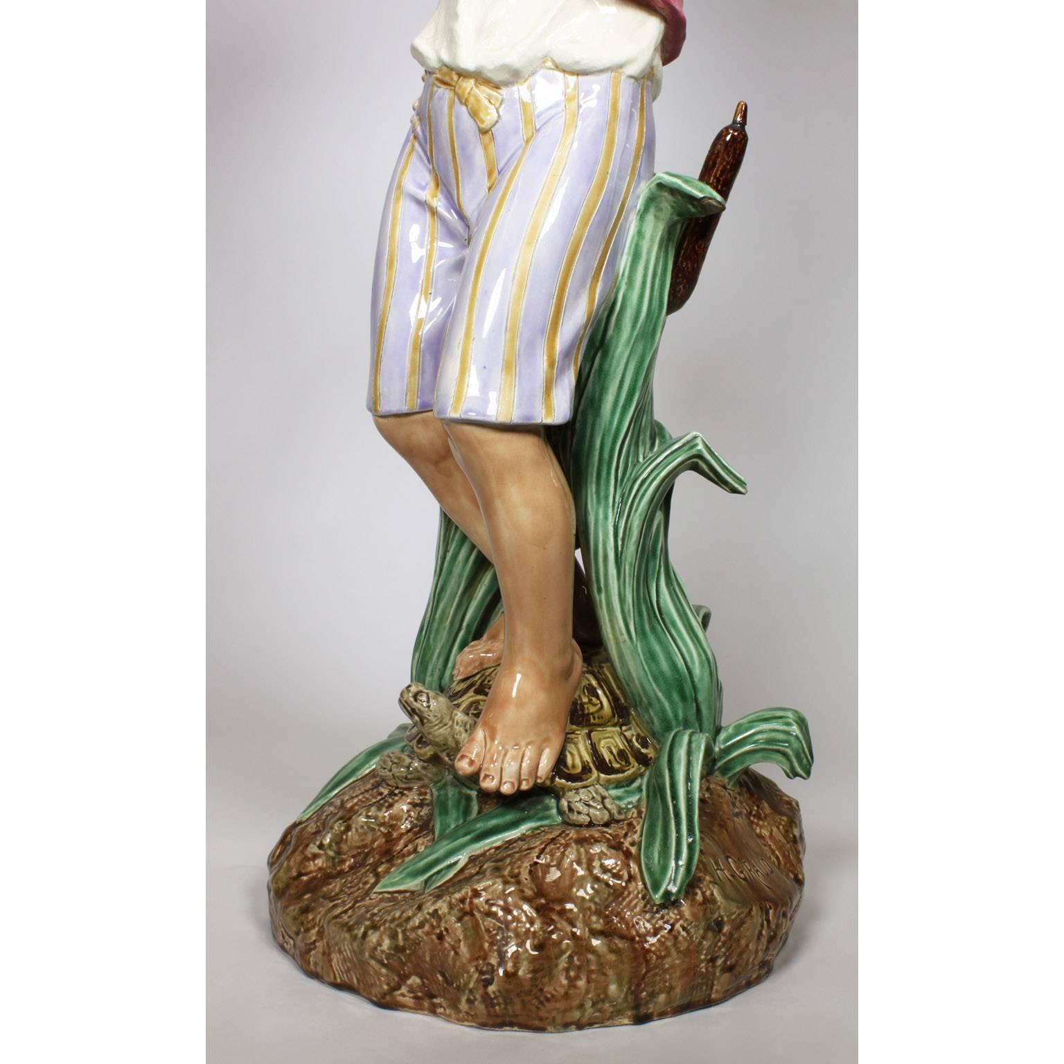 French 19th Century Majolica Figural Jardinière by Henri Giraud, Mark for Choisy-Le Roy For Sale