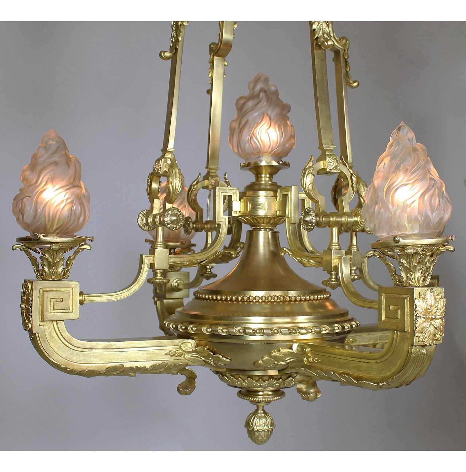 Blown Glass French 19th-20th Century Neoclassical Style Gilt Bronze Five-Light Chandelier For Sale