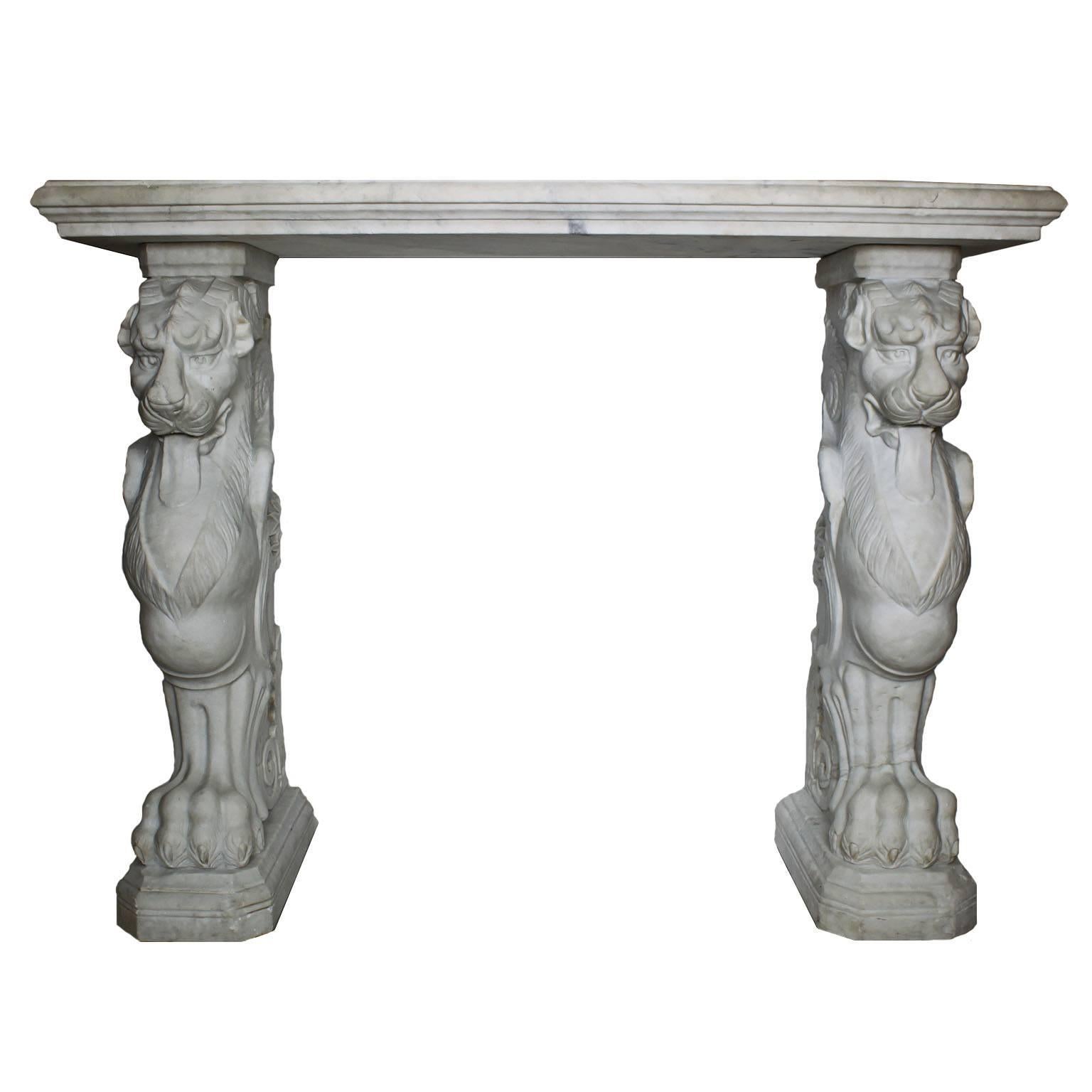 Italian 19th Century Neoclassical Style Carved Carrara Marble Lion Wall Console For Sale