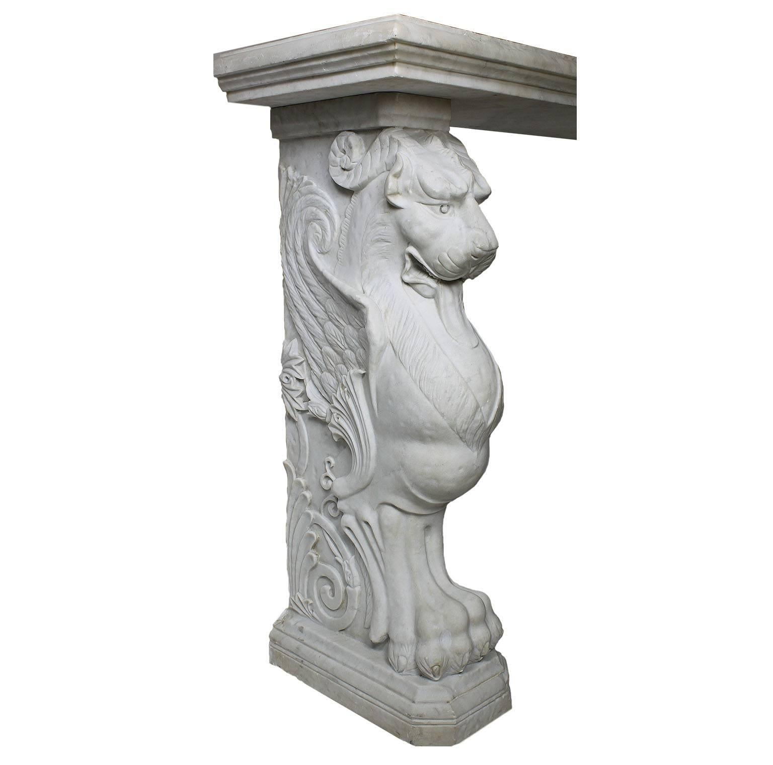 Italian 19th Century Neoclassical Style Carved Carrara Marble Lion Wall Console For Sale 1