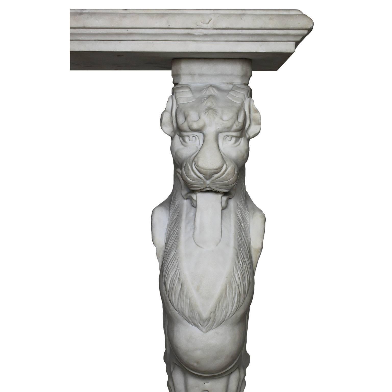 Hand-Carved Italian 19th Century Neoclassical Style Carved Carrara Marble Lion Wall Console For Sale
