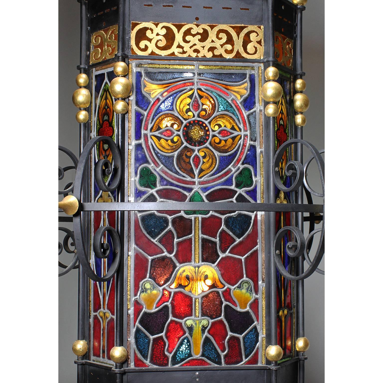 Gilt Palatial Italian 19th Century Baroque Style Stained Glass Grand Hall Lantern