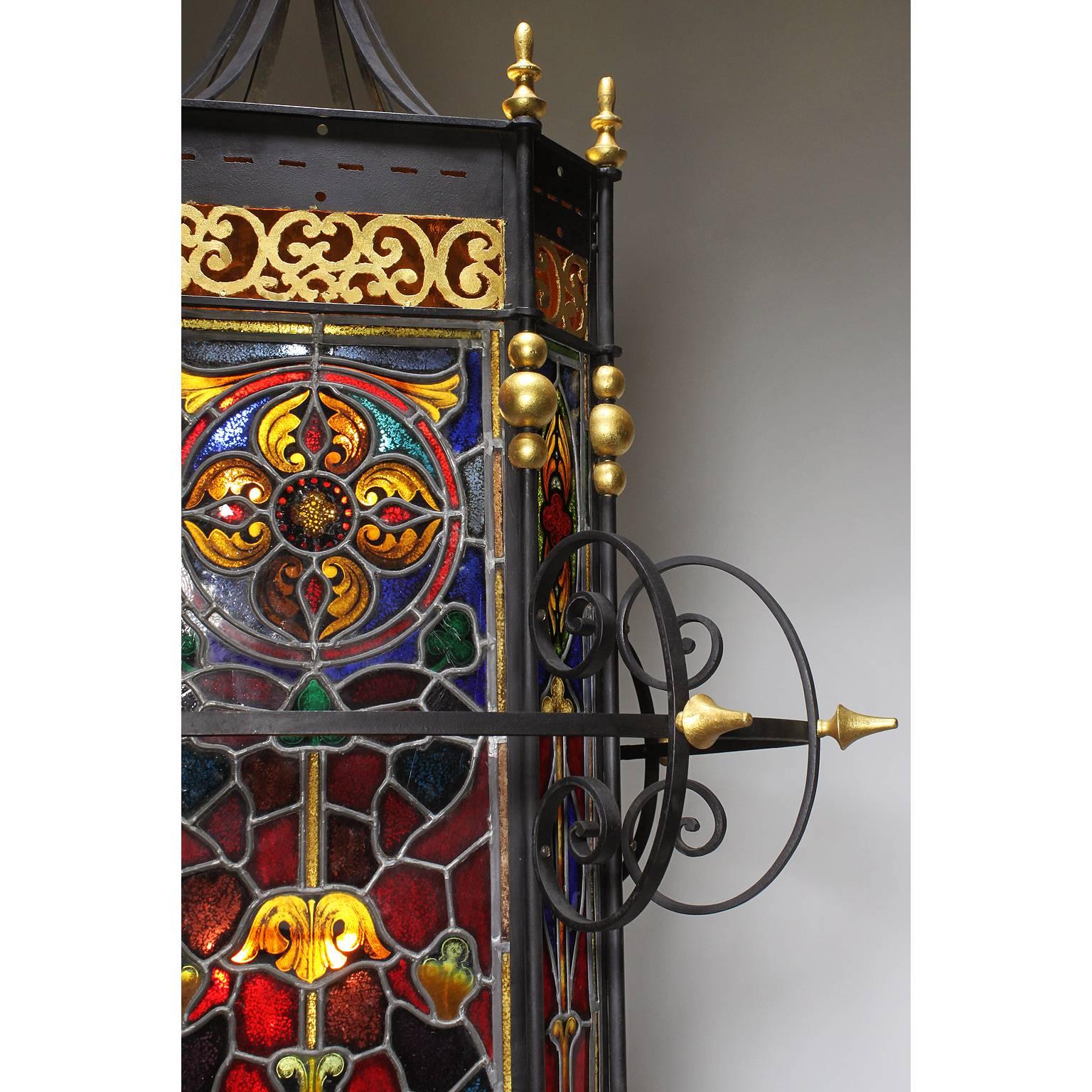 Palatial Italian 19th Century Baroque Style Stained Glass Grand Hall Lantern In Good Condition In Los Angeles, CA