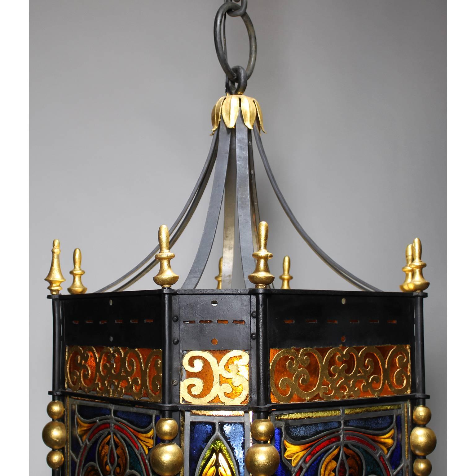 Art Glass Palatial Italian 19th Century Baroque Style Stained Glass Grand Hall Lantern