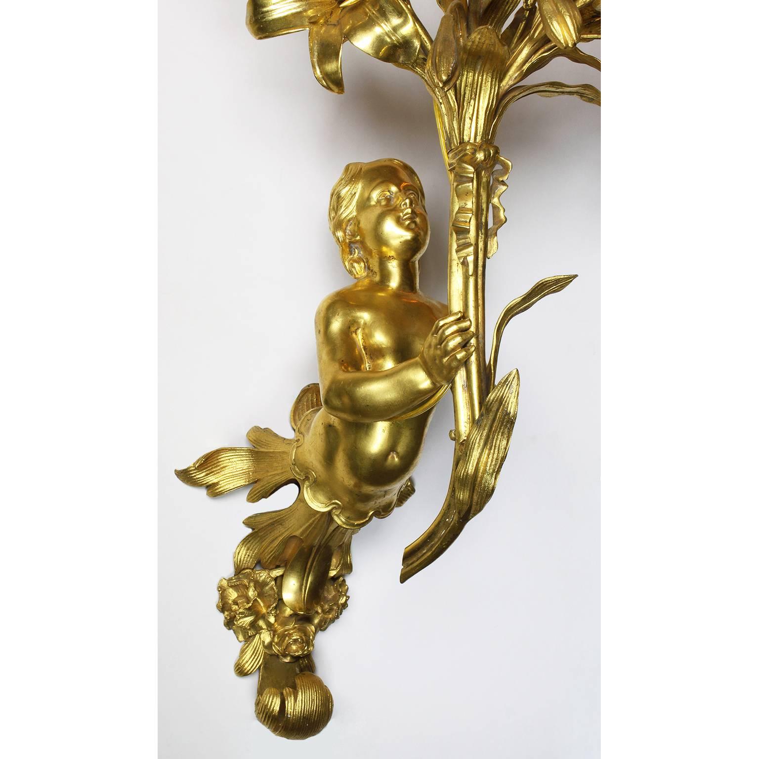 Pair of French 19th Century Neoclassical Style Gilt Bronze Putto Wall Lights In Good Condition For Sale In Los Angeles, CA