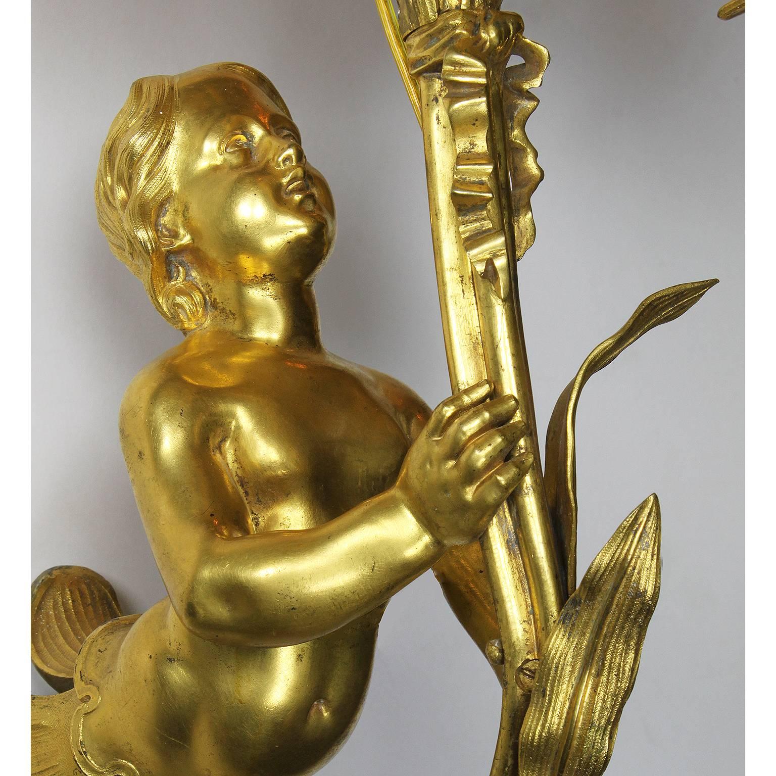 Pair of French 19th Century Neoclassical Style Gilt Bronze Putto Wall Lights For Sale 1