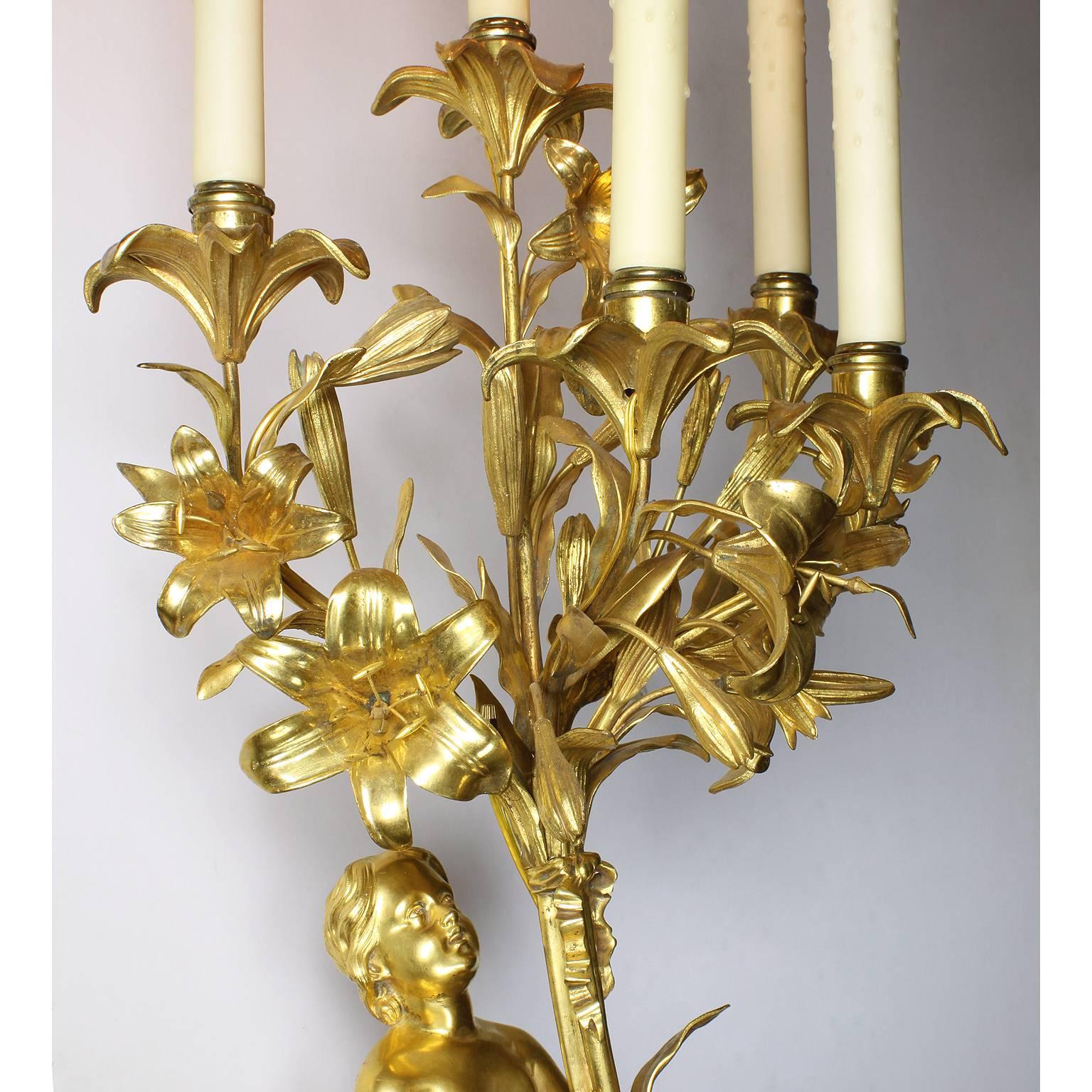 Pair of French 19th Century Neoclassical Style Gilt Bronze Putto Wall Lights For Sale 2