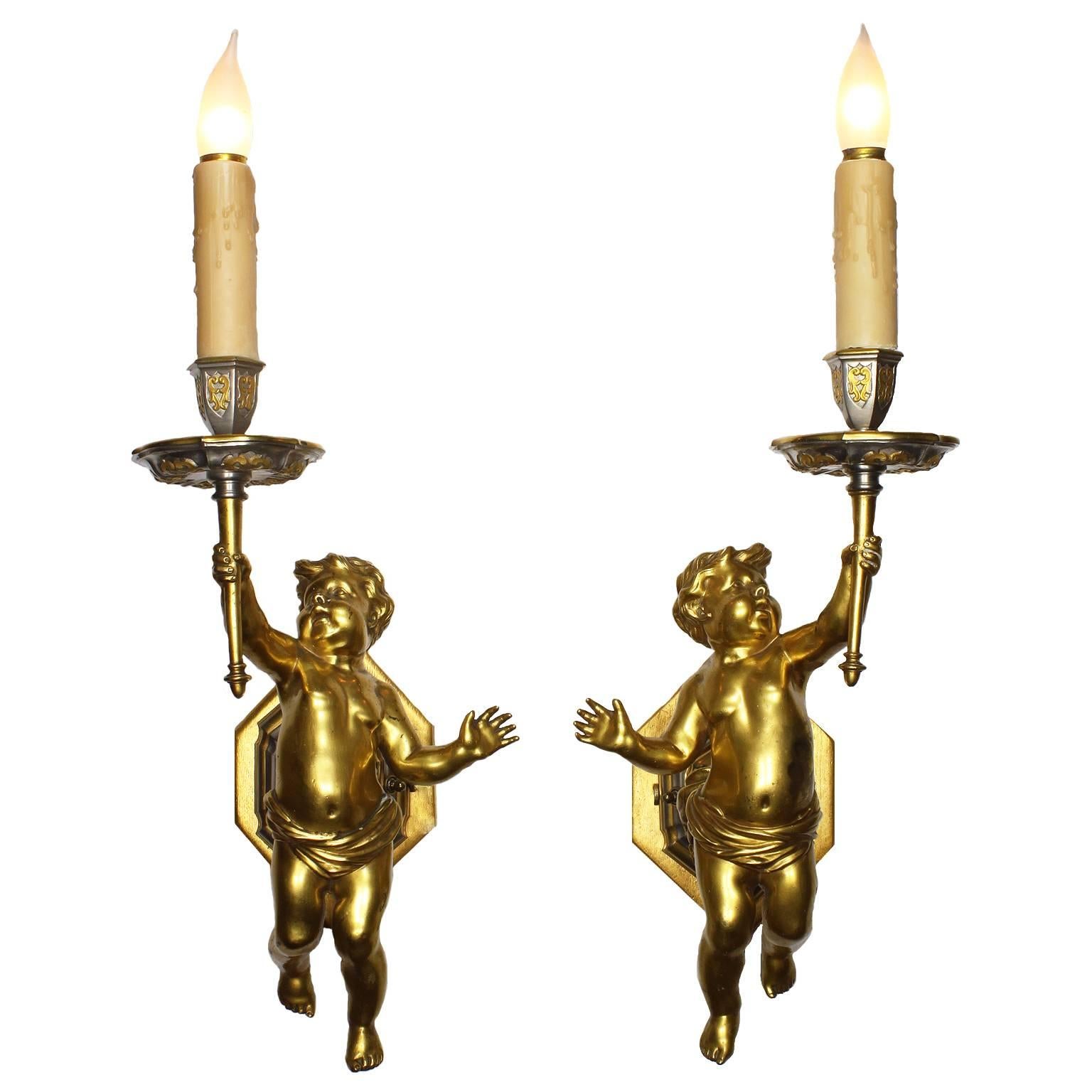 Pair of French 19th-20th Century Louis XV Style Belle Epoque Putti Wall Lights