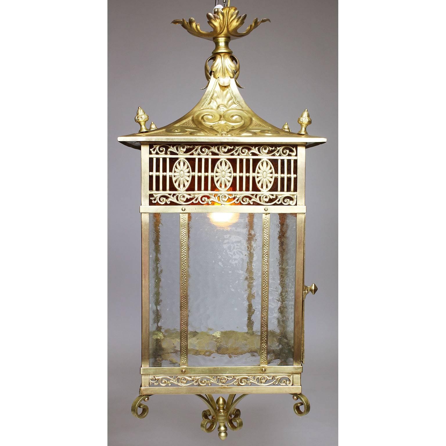 Chinese Chippendale English Early 20th Century Chippendale Style Brass & Gilt-Metal Hanging Lantern