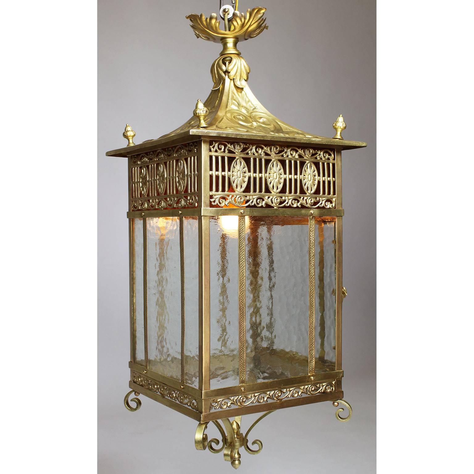 Embossed English Early 20th Century Chippendale Style Brass & Gilt-Metal Hanging Lantern