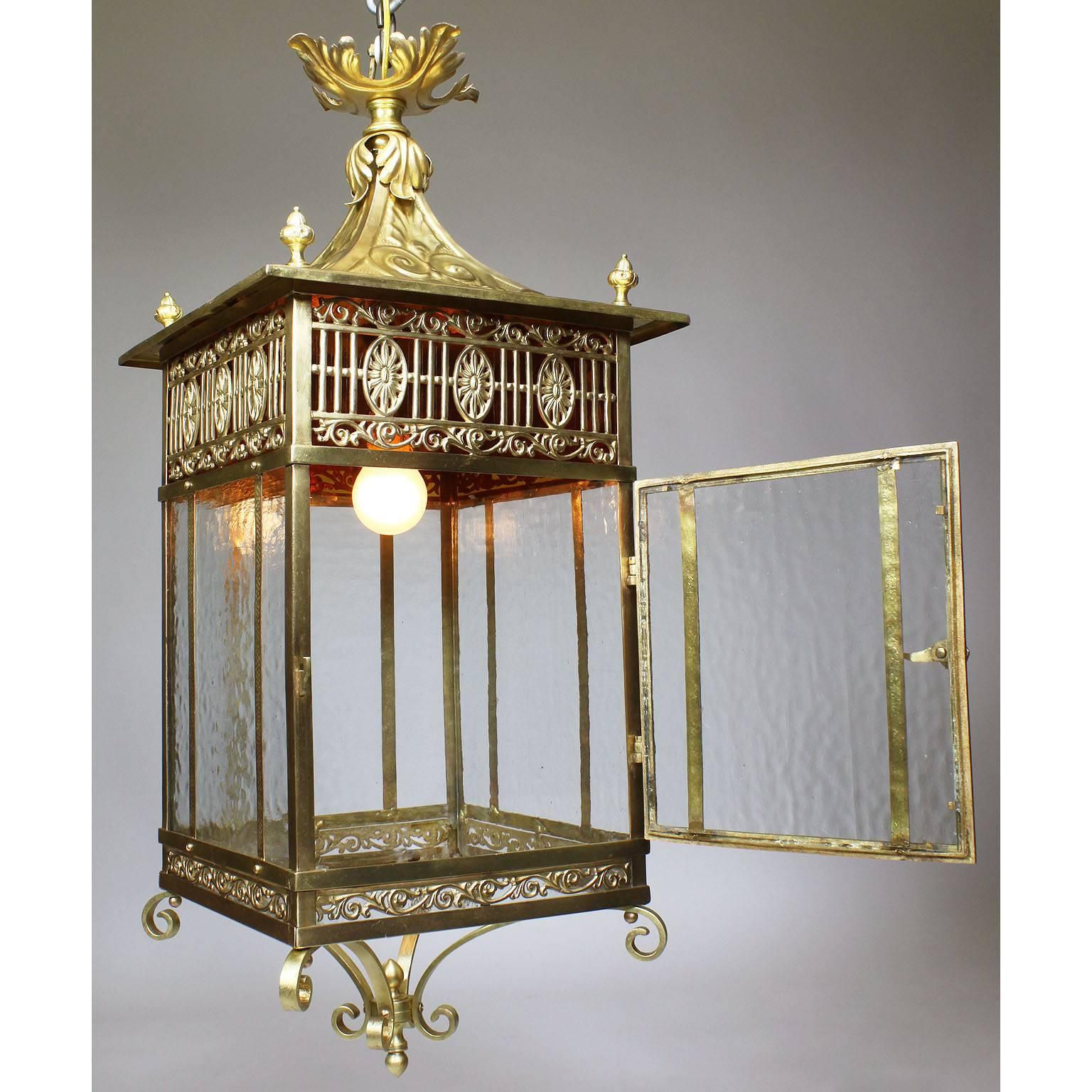 English Early 20th Century Chippendale Style Brass & Gilt-Metal Hanging Lantern 1
