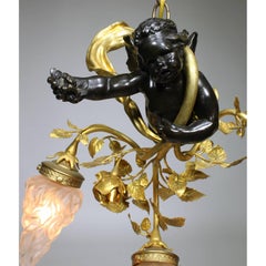 French Belle Époque Patinated and Gilt Bronze & Metal Hovering Cherub Chandelier