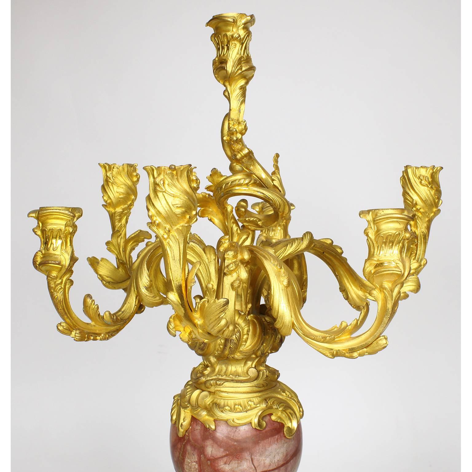 Carved Pair of French 19th Century Louis XV Style Gilt-Bronze & Rouge Royal Candelabra
