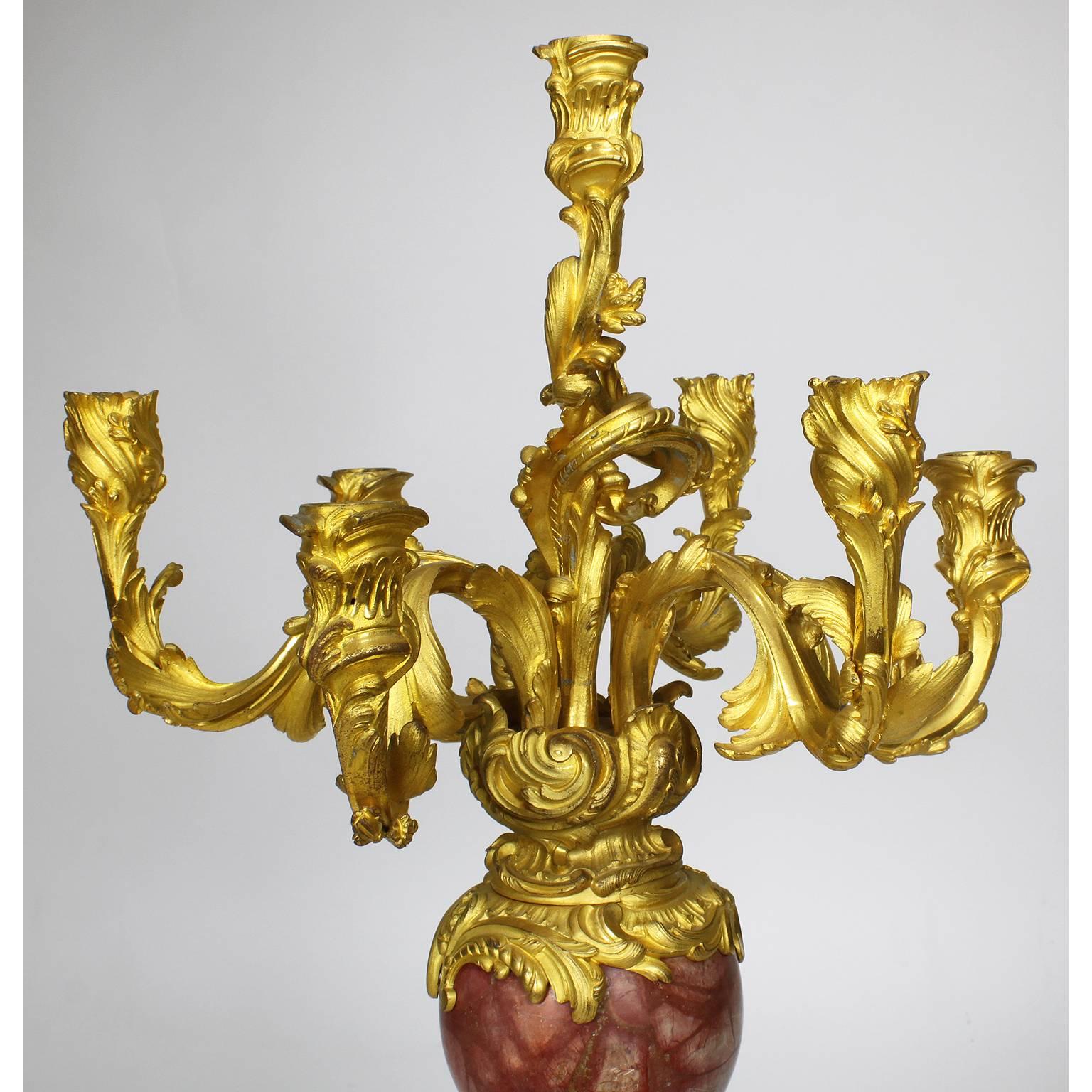 Pair of French 19th Century Louis XV Style Gilt-Bronze & Rouge Royal Candelabra In Excellent Condition In Los Angeles, CA