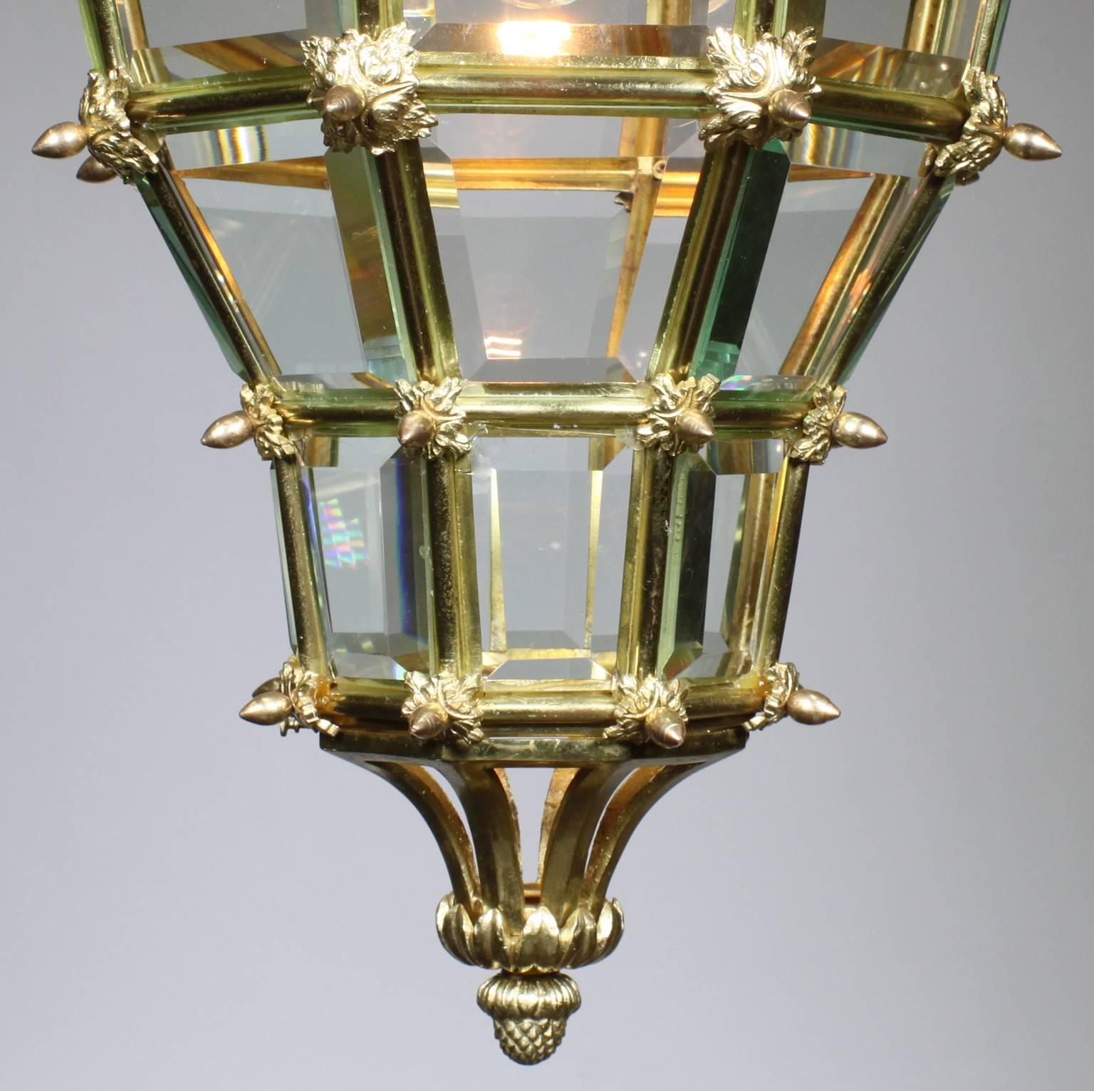 Beveled French Louis XIV Style Early 20th Century Gilt Bronze Versailles Style Lantern For Sale