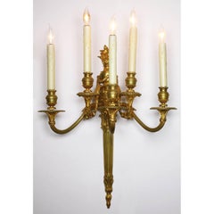 Pair French 19th Century Louis XVI Regent Style Gilt Bronze 5-Light Wall Sconces