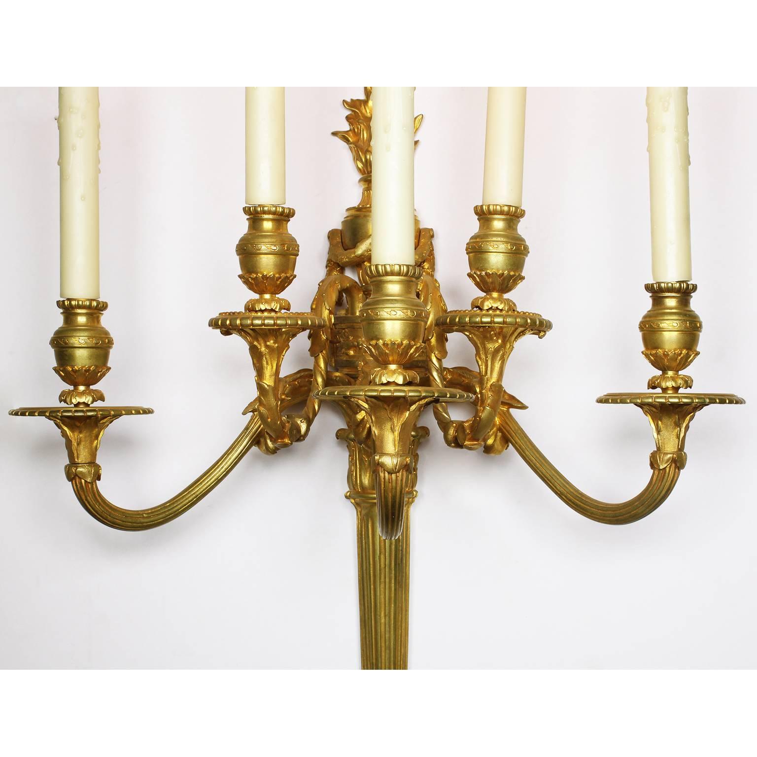 Pair of French 19th Century Louis XVI Style Gilt Bronze Five-Light Wall Sconces For Sale 2