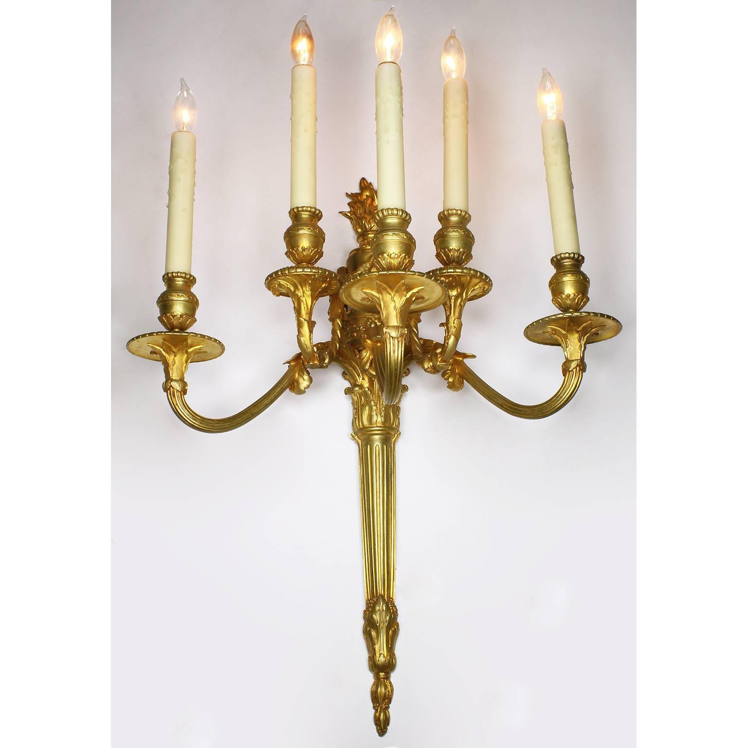 Pair of French 19th Century Louis XVI Style Gilt Bronze Five-Light Wall Sconces In Good Condition For Sale In Los Angeles, CA