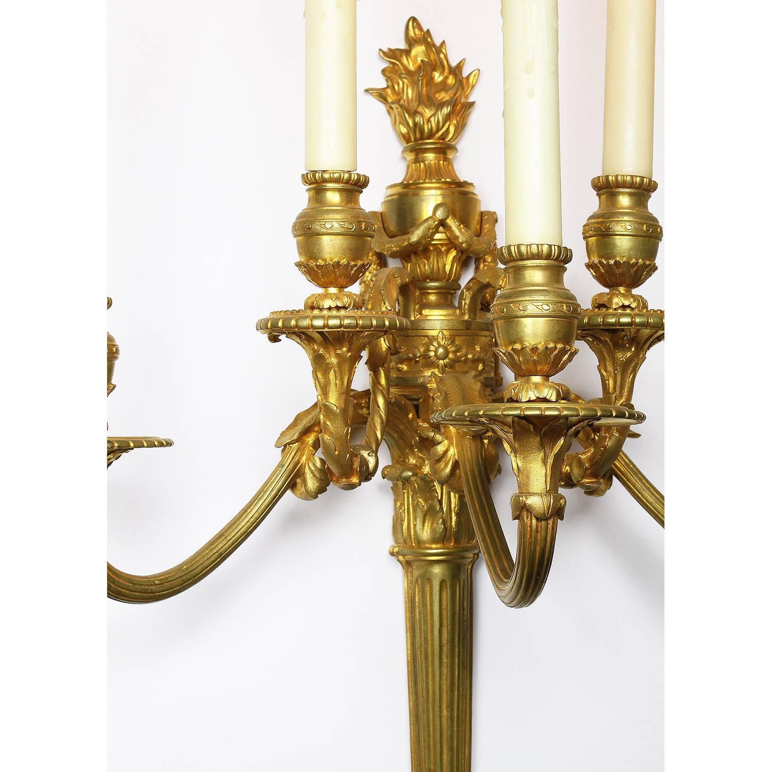 Pair of French 19th Century Louis XVI Style Gilt Bronze Five-Light Wall Sconces For Sale 1