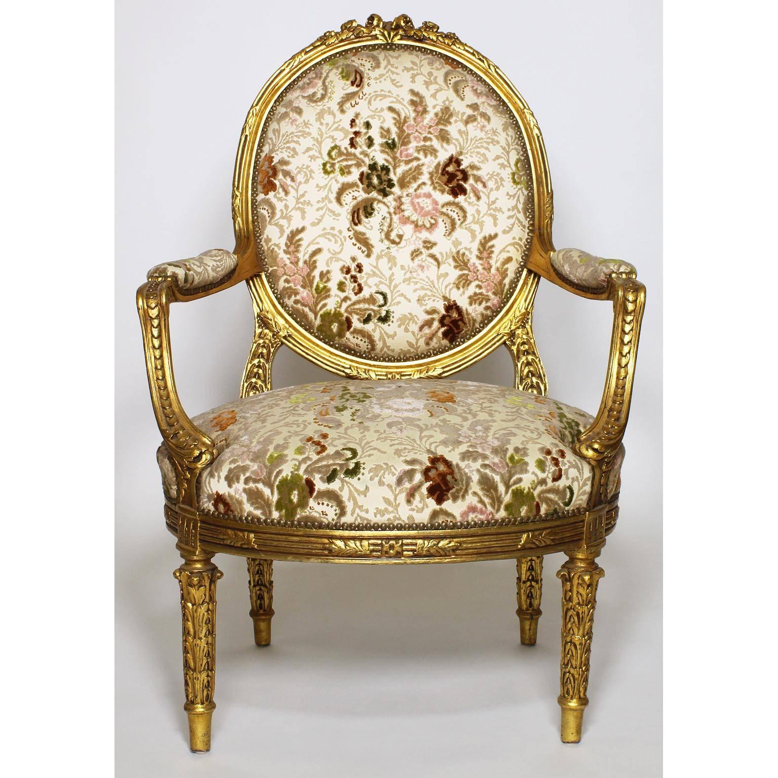 Damask French 19th-20th Century Louis XV Style Giltwood Carved Five-Piece Salon Suite For Sale