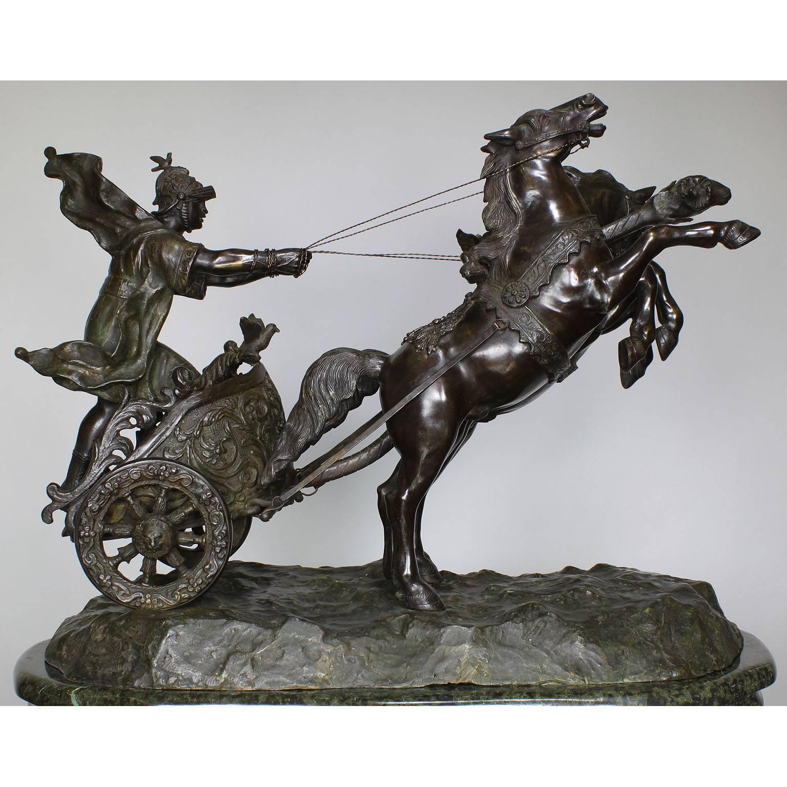 Italian 19th Century Bronze Sculpture Group of a Two-Horse Roman Chariot & Rider In Good Condition For Sale In Los Angeles, CA