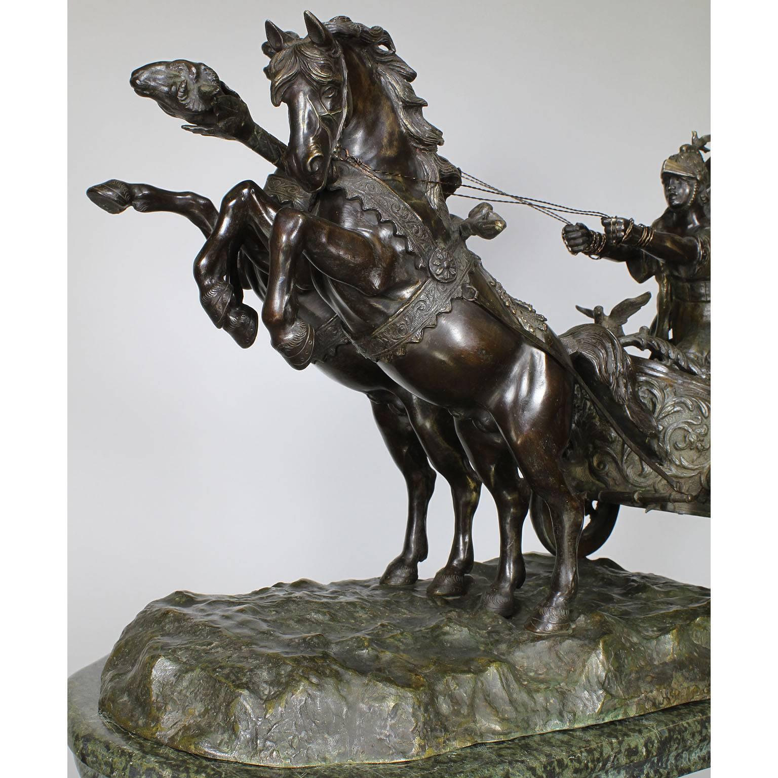 Patinated Italian 19th Century Bronze Sculpture Group of a Two-Horse Roman Chariot & Rider For Sale