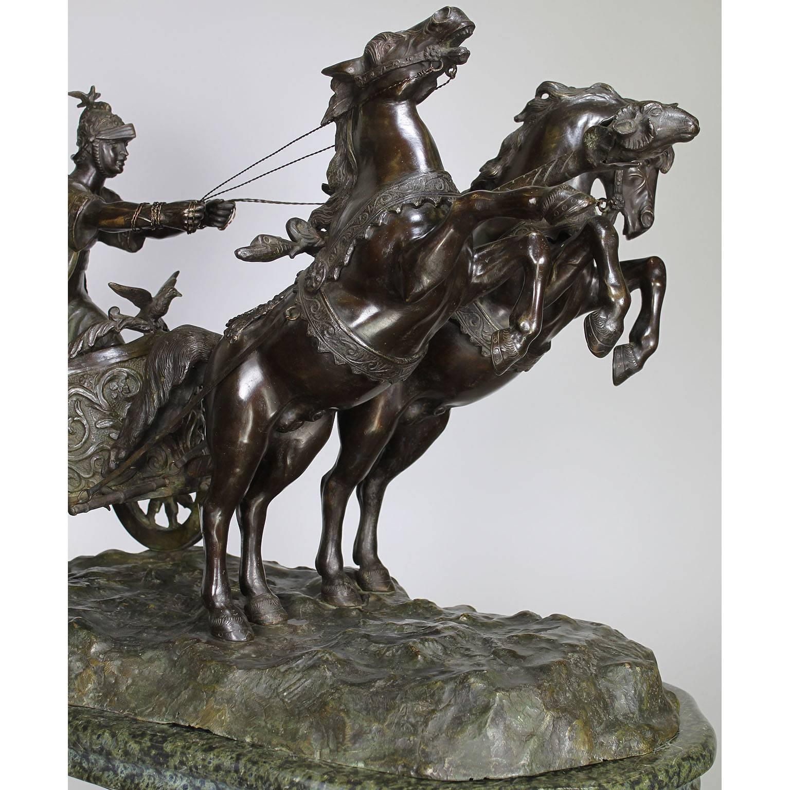Marble Italian 19th Century Bronze Sculpture Group of a Two-Horse Roman Chariot & Rider For Sale