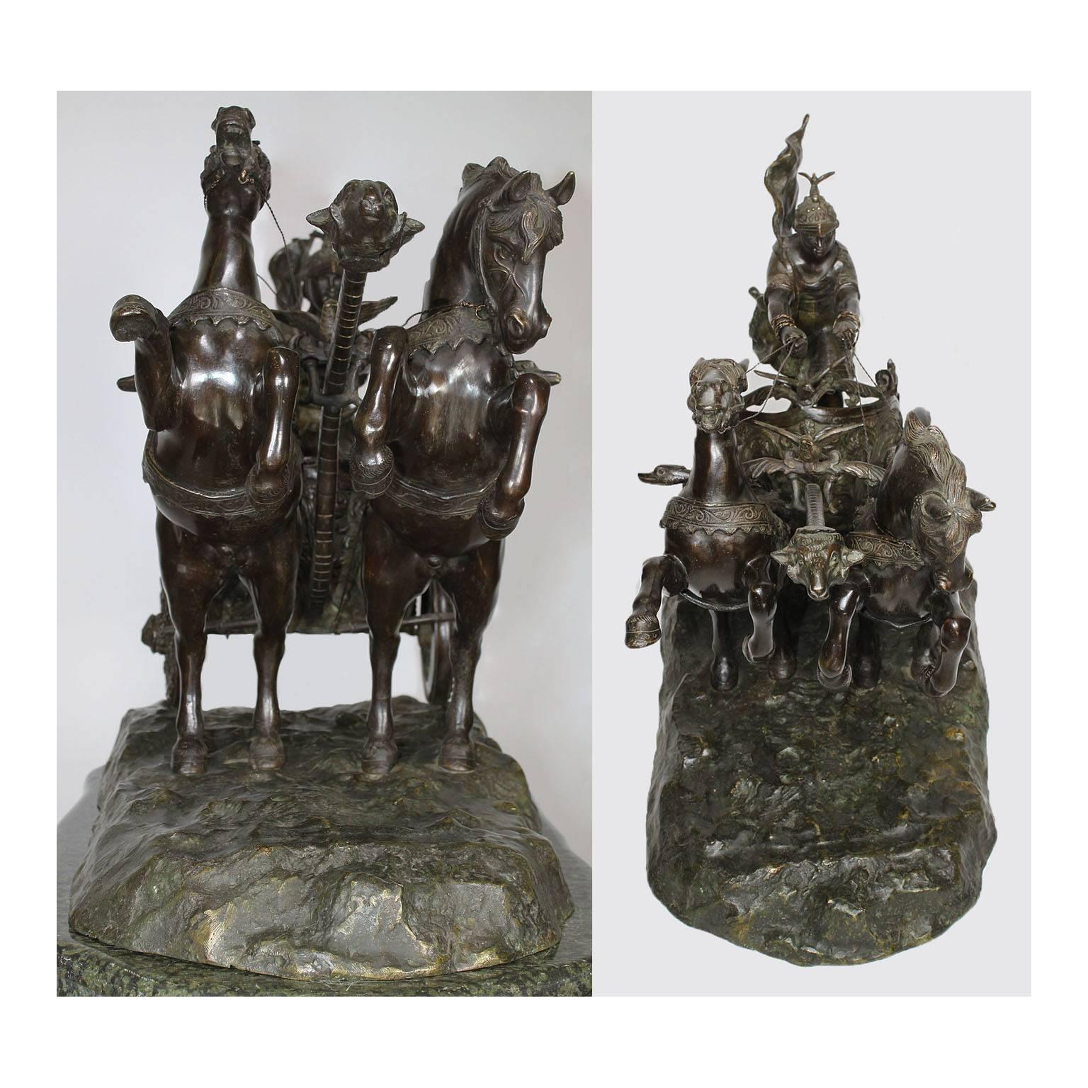 Groupe de sculptures italiennes en bronze du 19ème siècle représentant un char et un cavalier romain à deux chevaux en vente 3