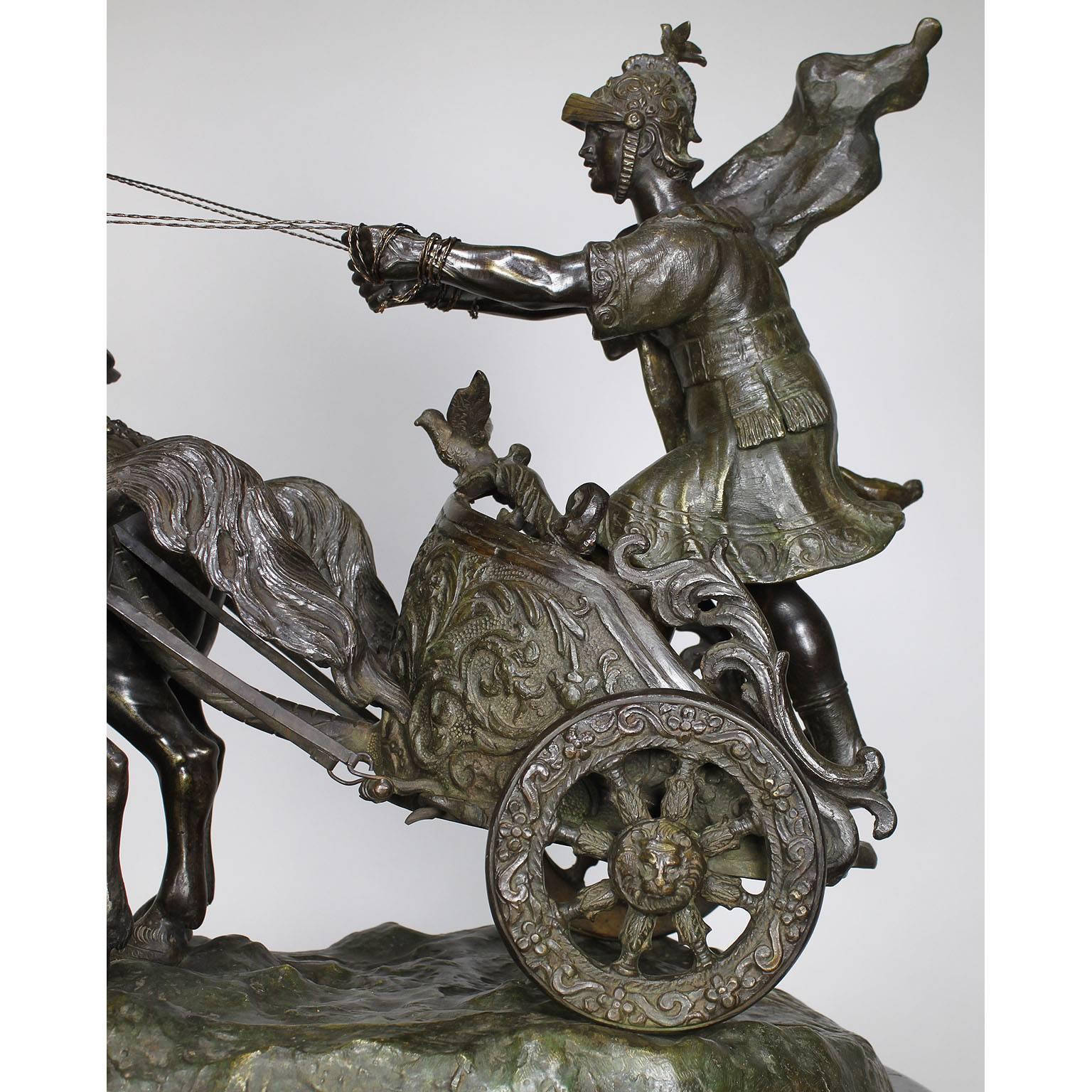 Gréco-romain Groupe de sculptures italiennes en bronze du 19ème siècle représentant un char et un cavalier romain à deux chevaux en vente